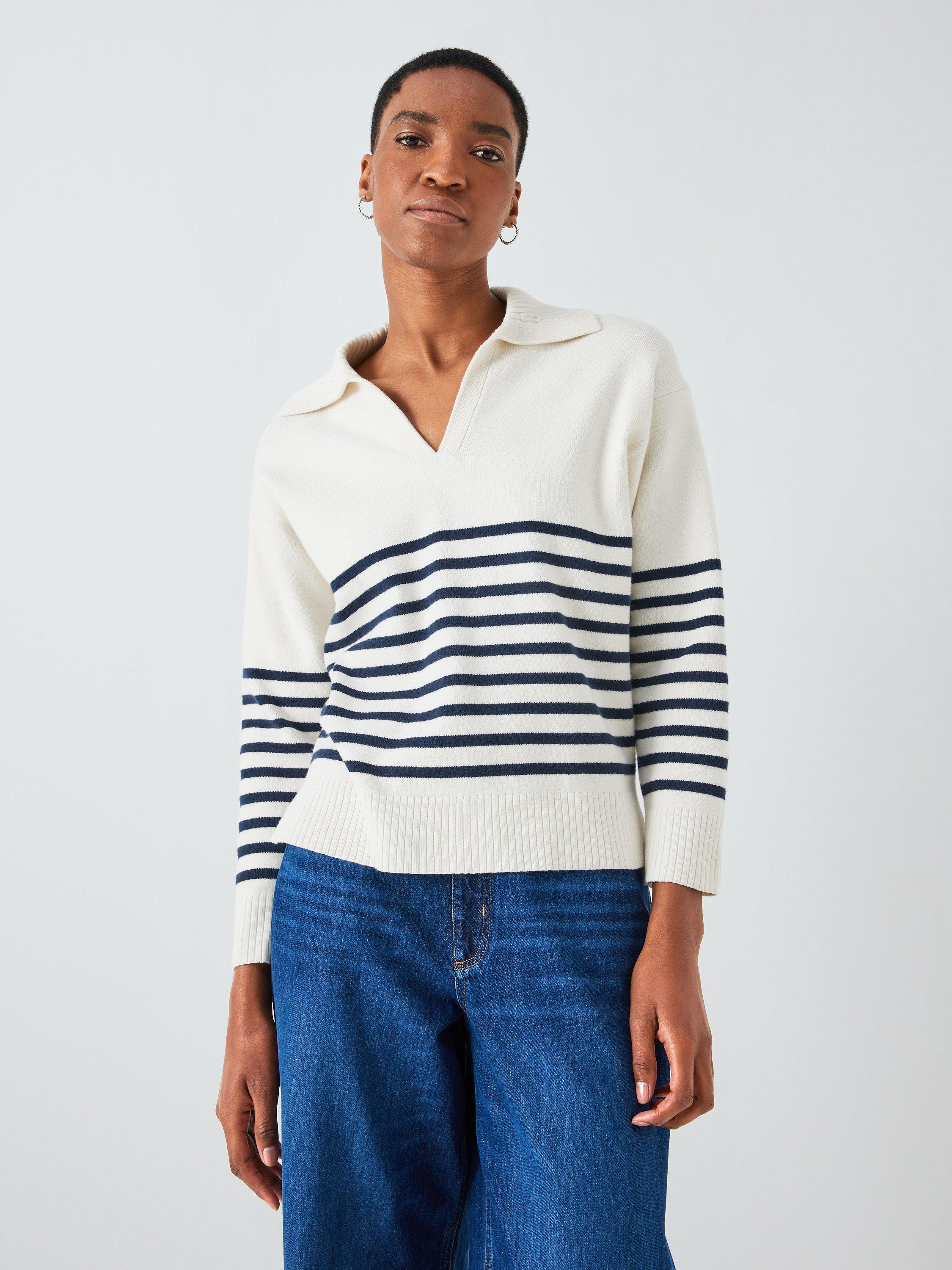 John Lewis Stripe Knit Polo Jumper, White/Blue