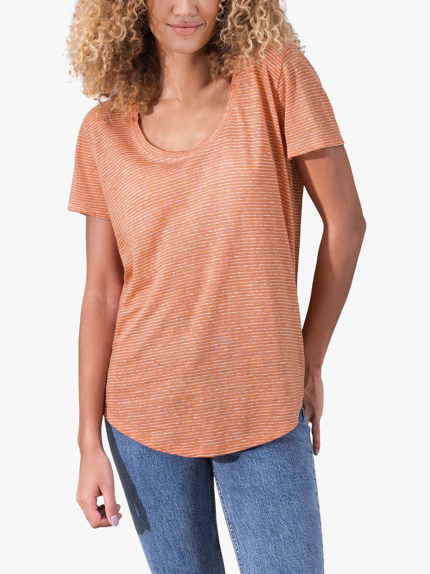 Celtic & Co. Linen Cotton Blend Striped Scoop Neck T-Shirt, Orange, 8