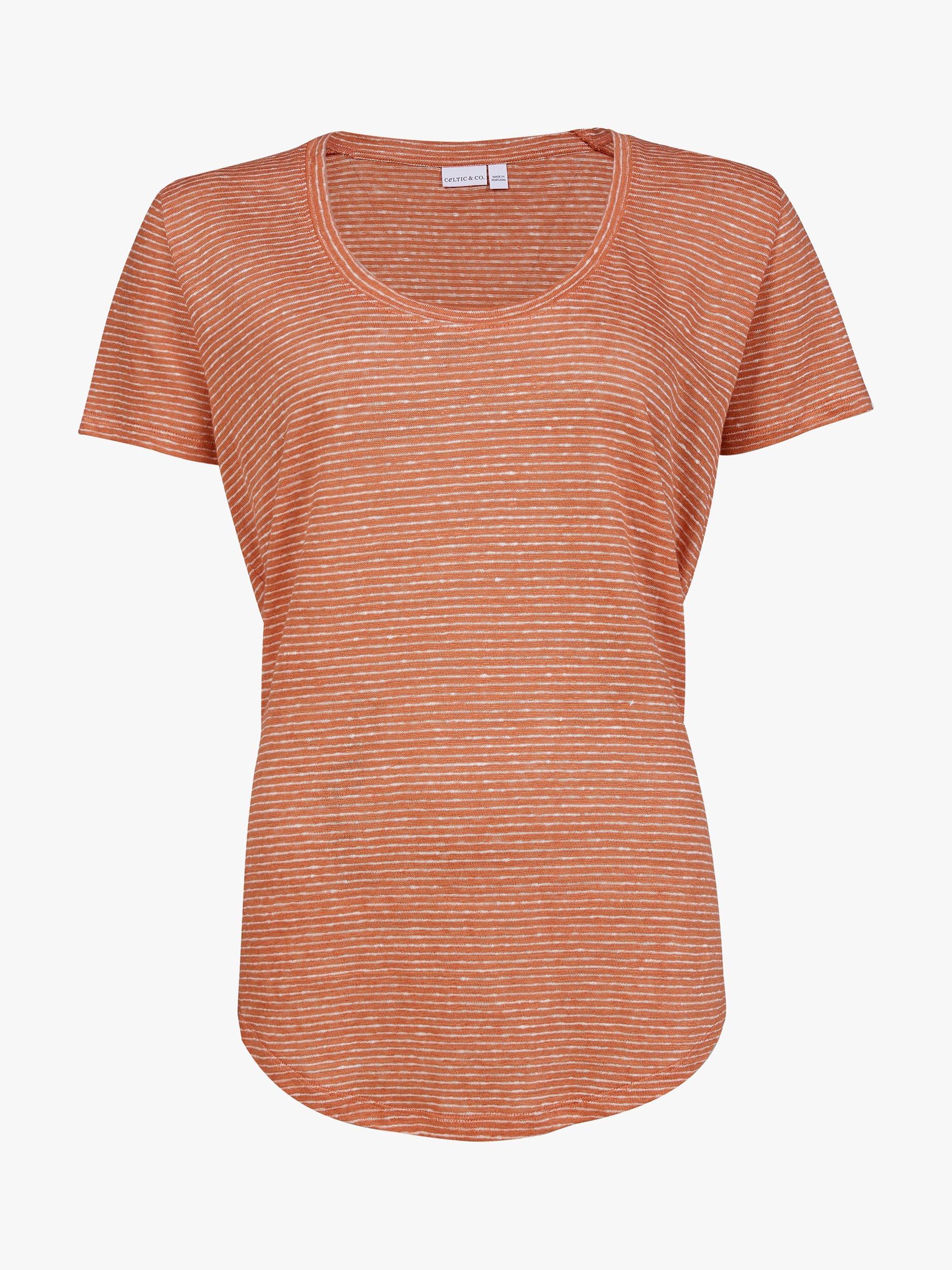 Celtic & Co. Linen Cotton Blend Striped Scoop Neck T-Shirt, Orange, 8