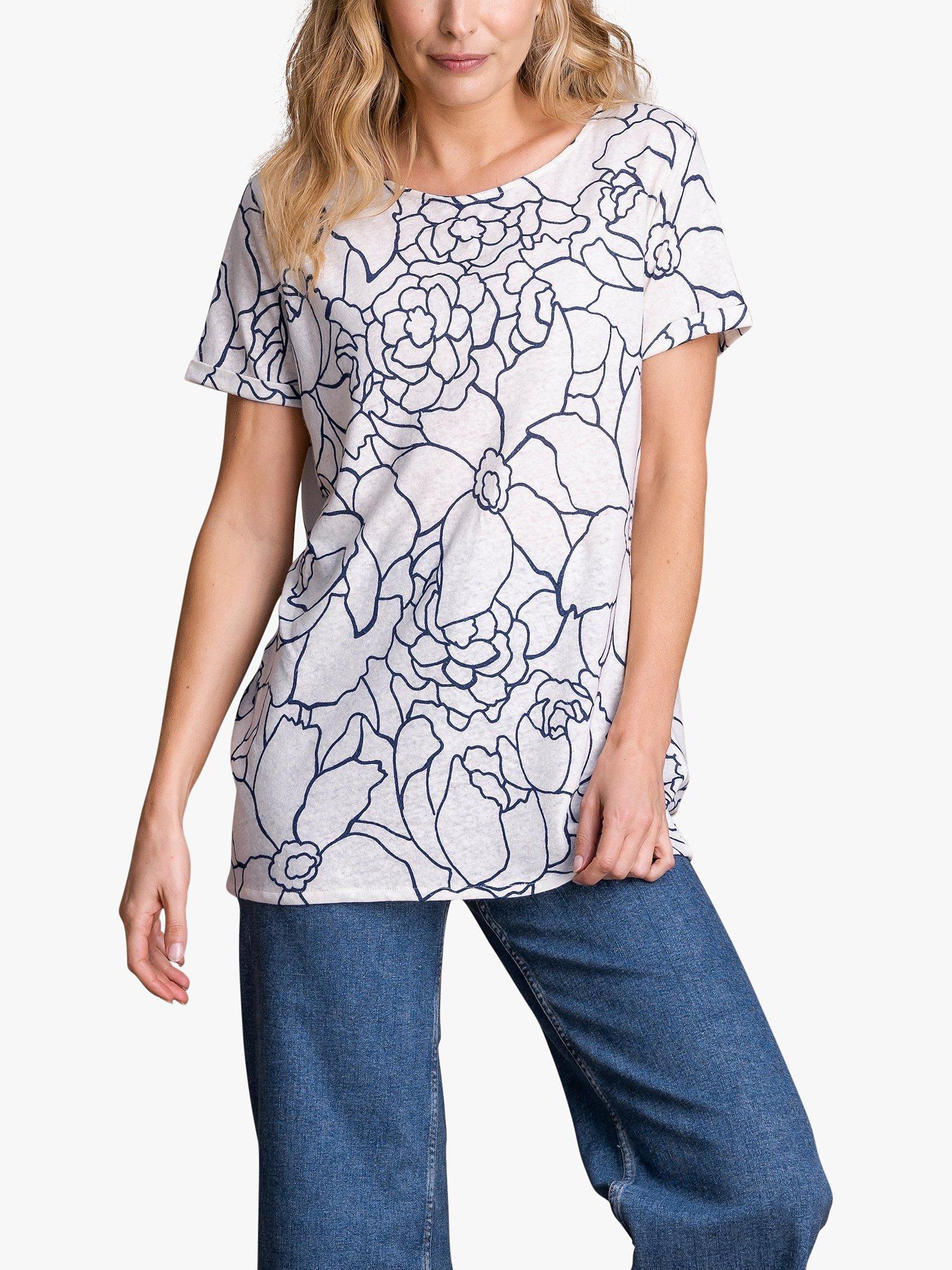 Celtic & Co. Linen Blend Floral Print T-Shirt, Chalk/Blue