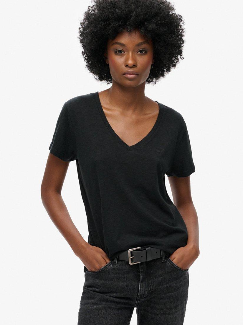 Product image 1 of 3, which shows Superdry Slub Embroidered V-Neck T-Shirt, Black, 14