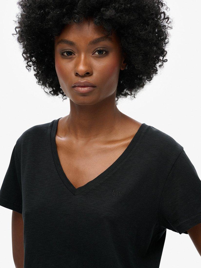 Product image 3 of 3, which shows Superdry Slub Embroidered V-Neck T-Shirt, Black, 14