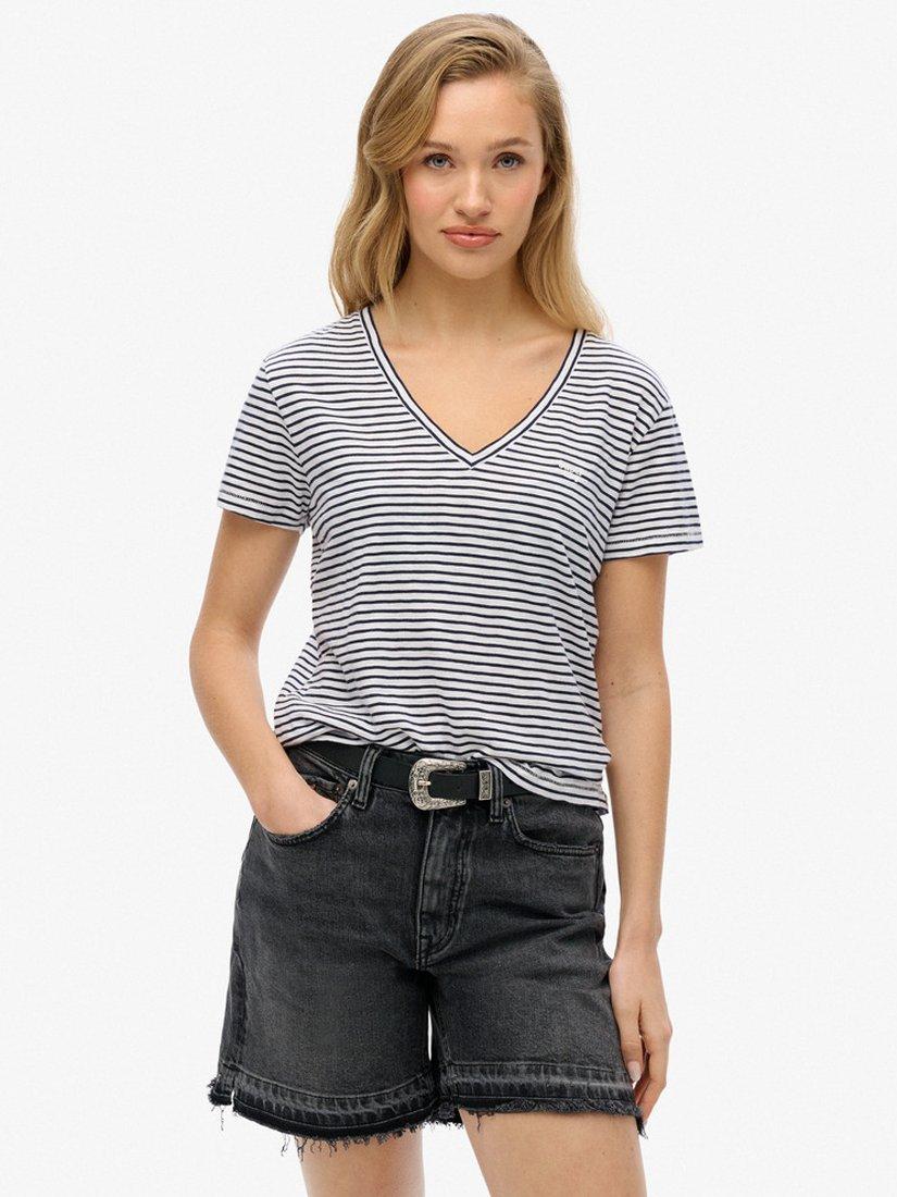 Product image 1 of 3, which shows Superdry Slub Embroidered V-Neck T-Shirt, Navy/White, 6