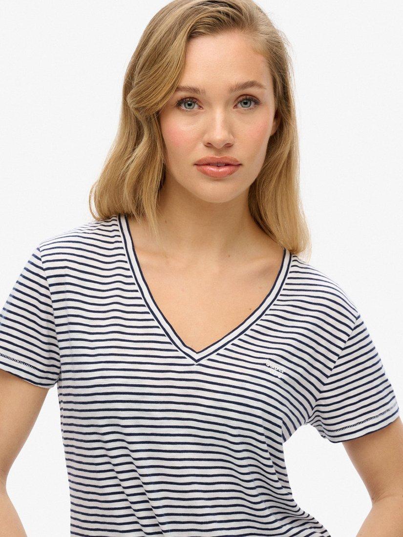 Product image 3 of 3, which shows Superdry Slub Embroidered V-Neck T-Shirt, Navy/White, 6