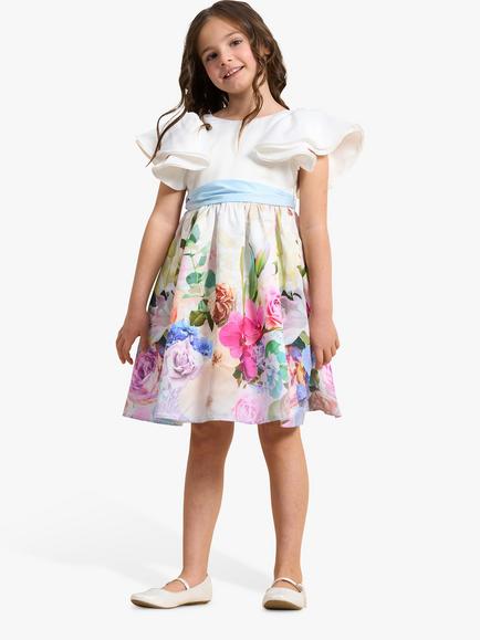 Angel & Rocket Kids' Sylvie Border Print Ruffle Shoulder Dress, White/Multi, White