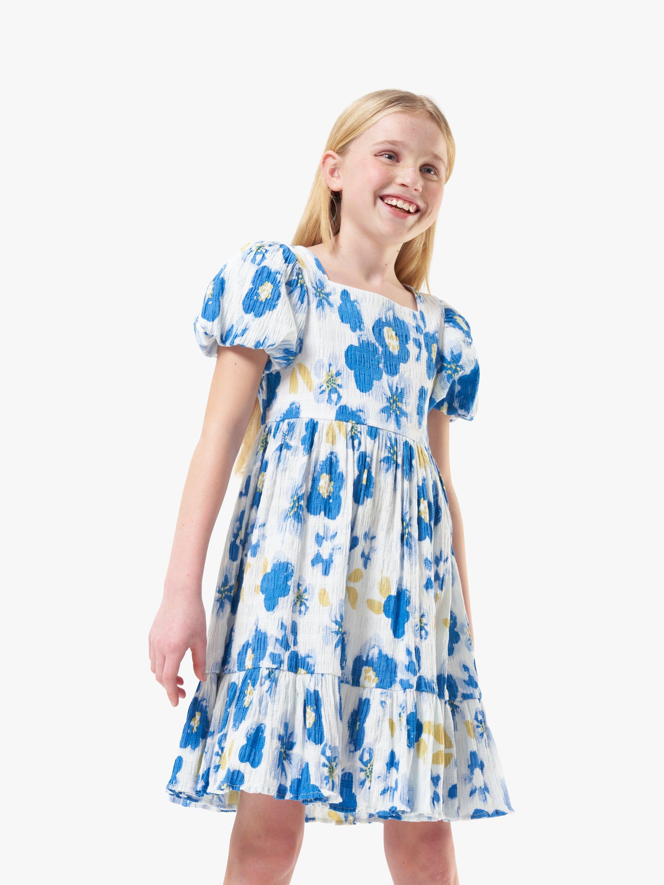 Angel & Rocket Kids' Simone Painterly Floral Seersucker Dress, Blue