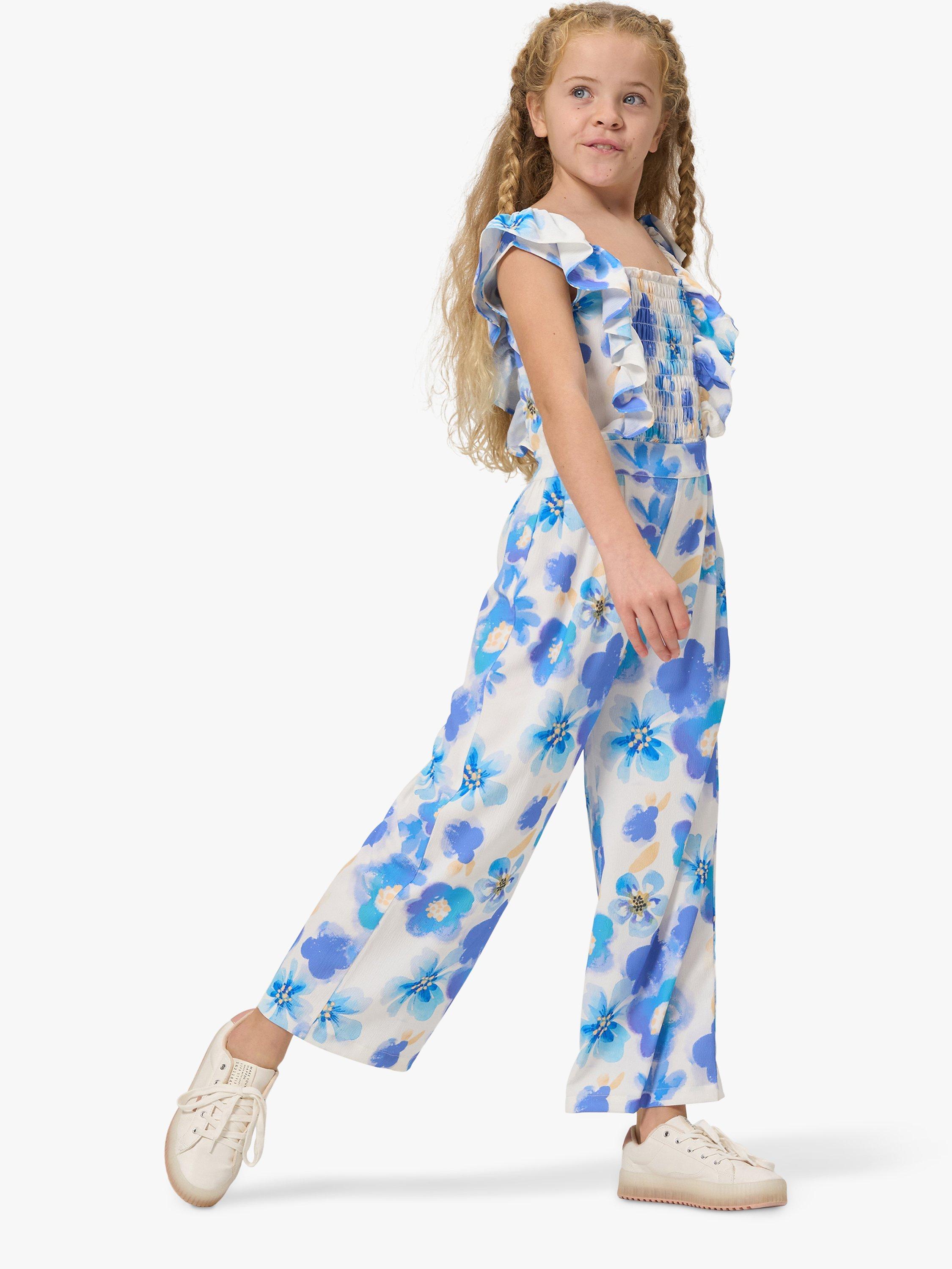 Product image 1 of 5, which shows Angel & Rocket Kids' Gracie Floral Shirred Jumpsuit, Blue, 3 years
