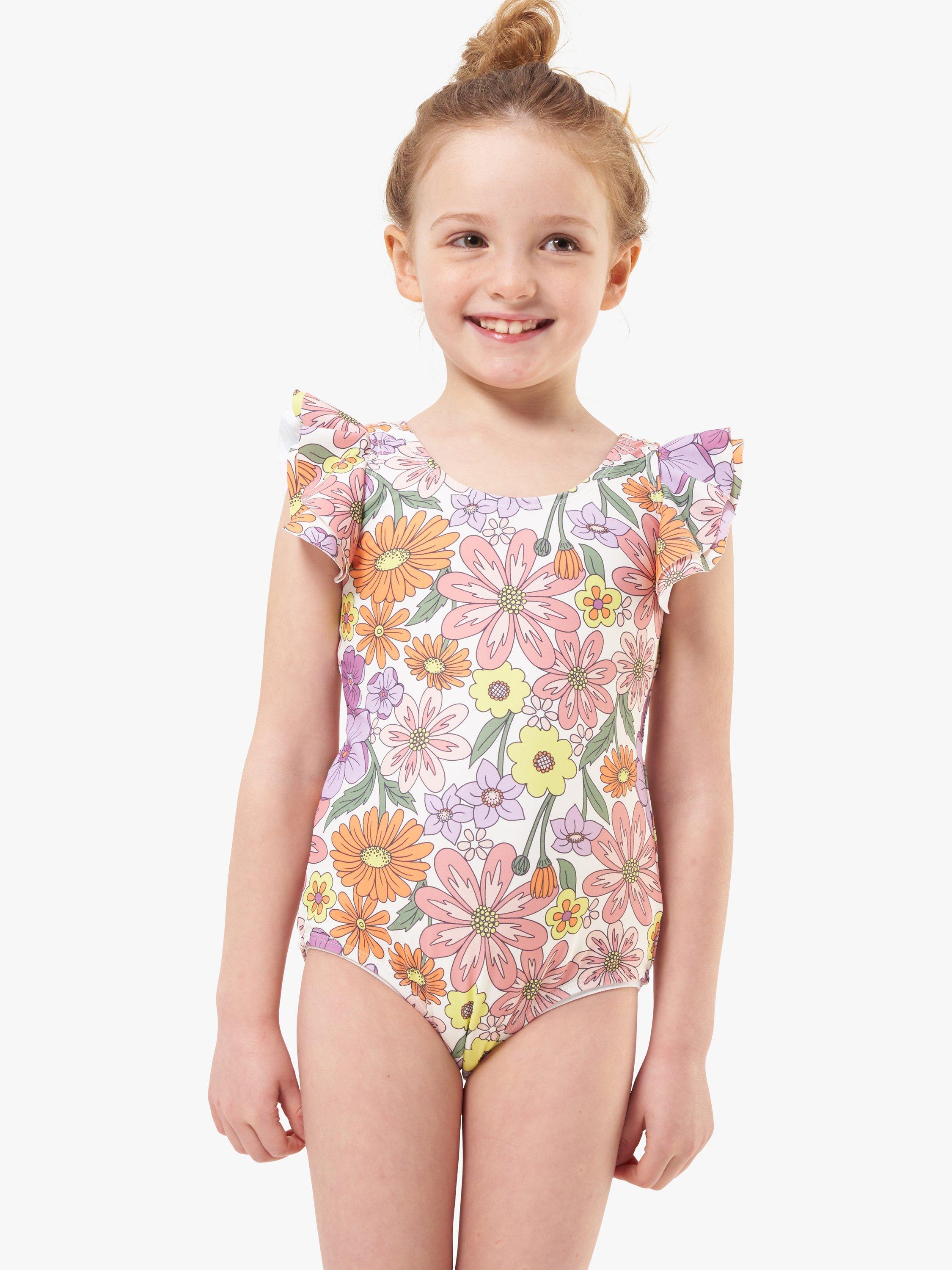 Angel & Rocket Kids' Floral Print Frill Shoulder Swimsuit, Multi