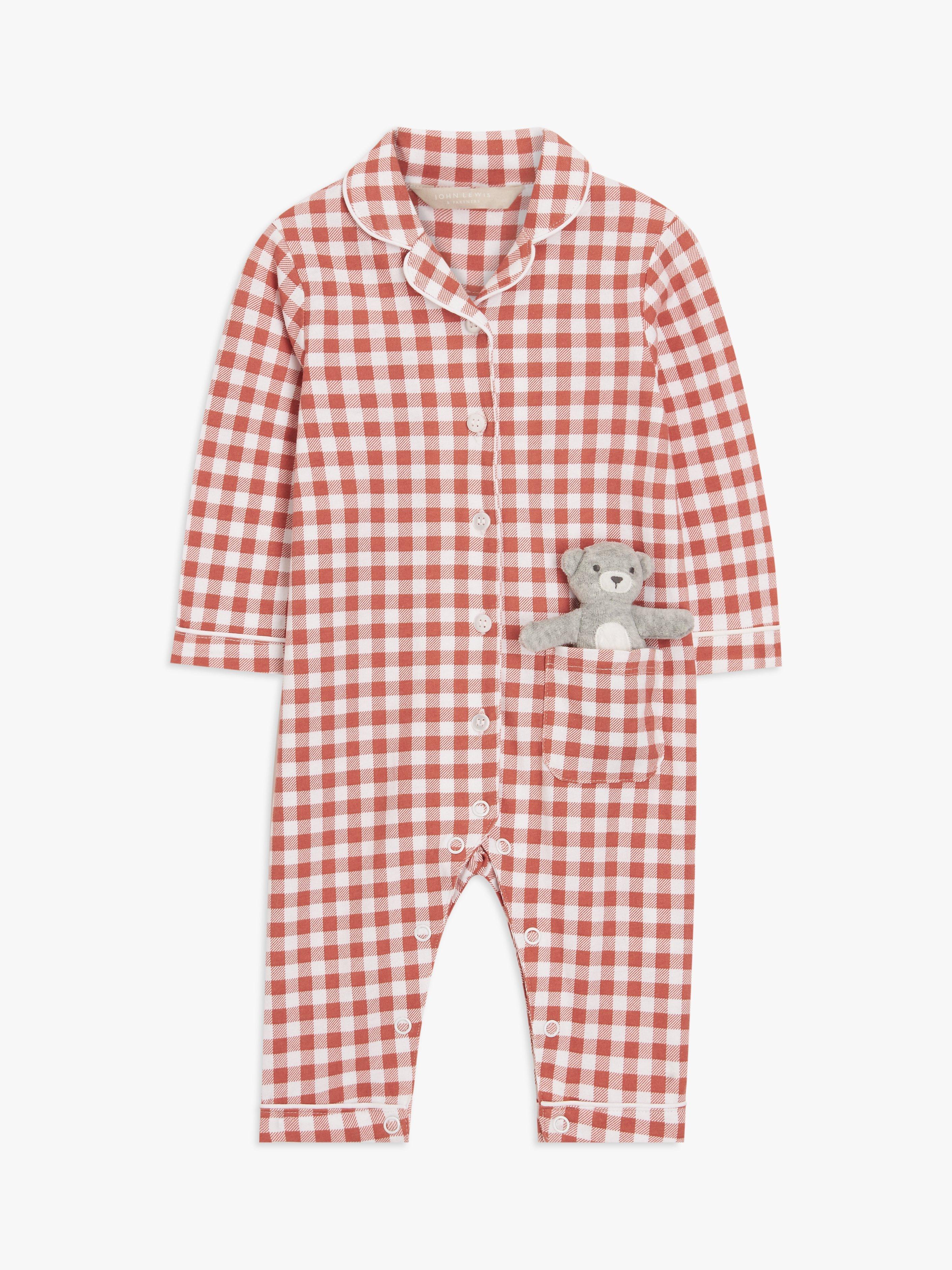 John Lewis Baby Gingham Jersey Romper with Bear Toy, Red