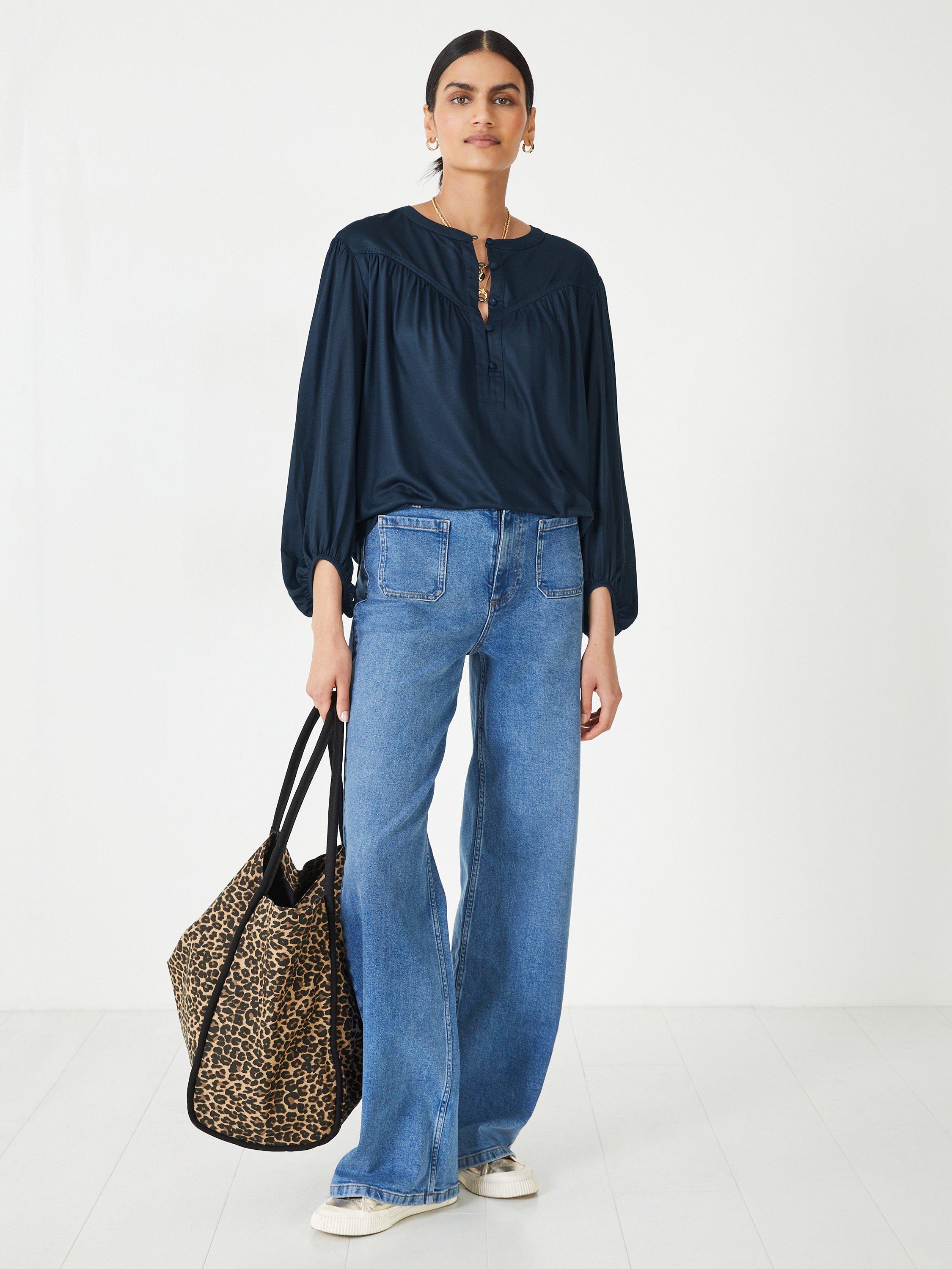 HUSH Jill Button Neck Top, Midnight Navy