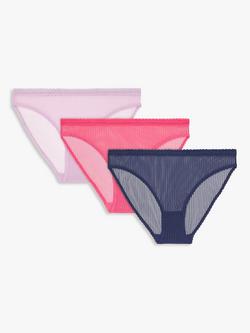 John Lewis ANYDAY Jojo Striped Mesh Trim Bikini Knickers, Pack of 3, Lilac/Pink/Colbolt