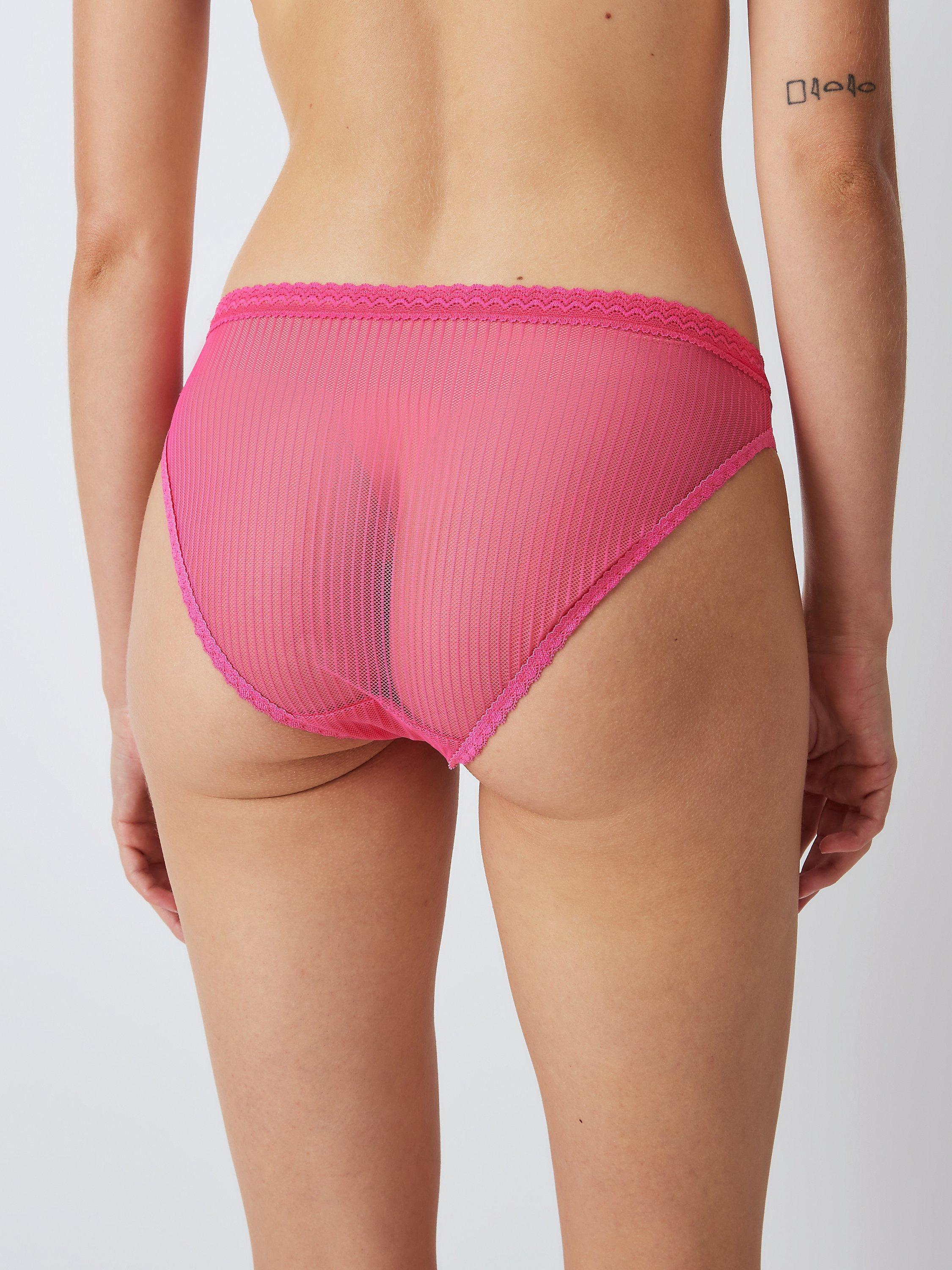 Product image 3 of 4, which shows John Lewis ANYDAY Jojo Striped Mesh Trim Bikini Knickers, Pack of 3, Lilac/Pink/Colbolt, 12