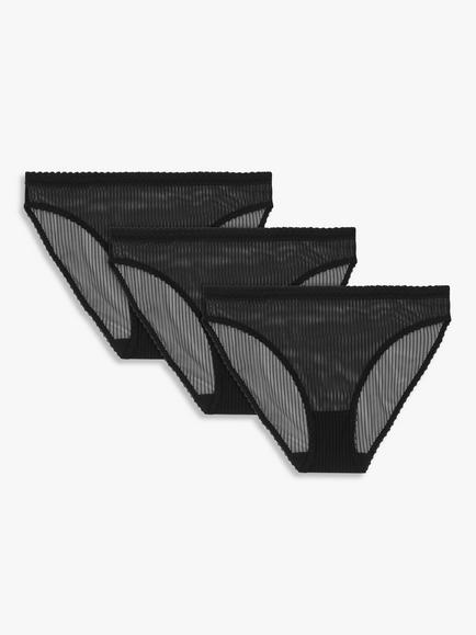 John Lewis ANYDAY Jojo Striped Mesh Trim Bikini Knickers, Pack of 3, Black