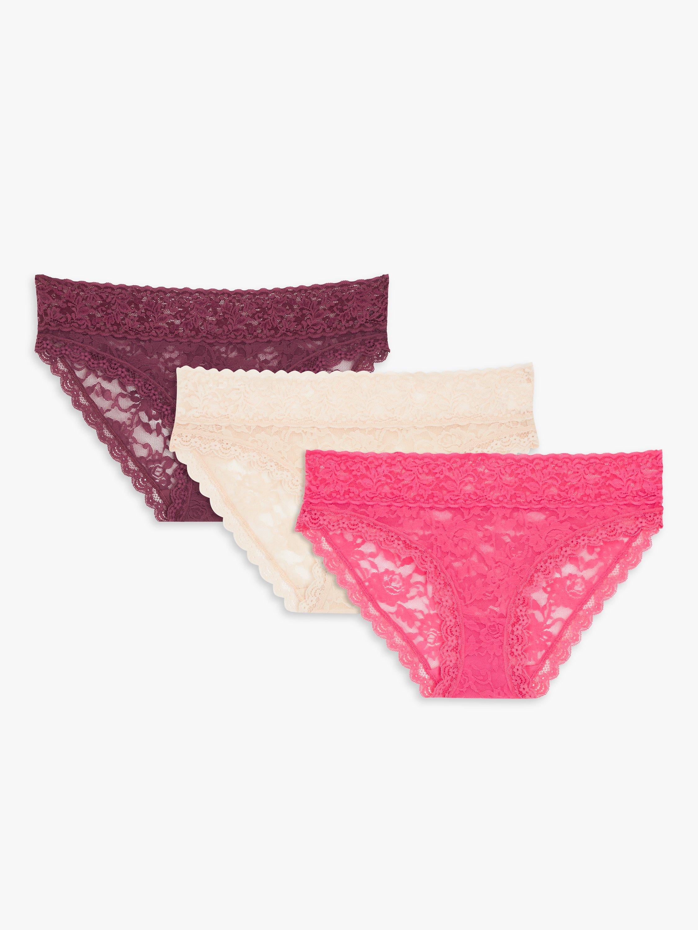 Product image 1 of 4, which shows John Lewis ANYDAY Helenca Lace Bikini Knickers, Pack of 3, Pink/Shell/Aubergine, 16