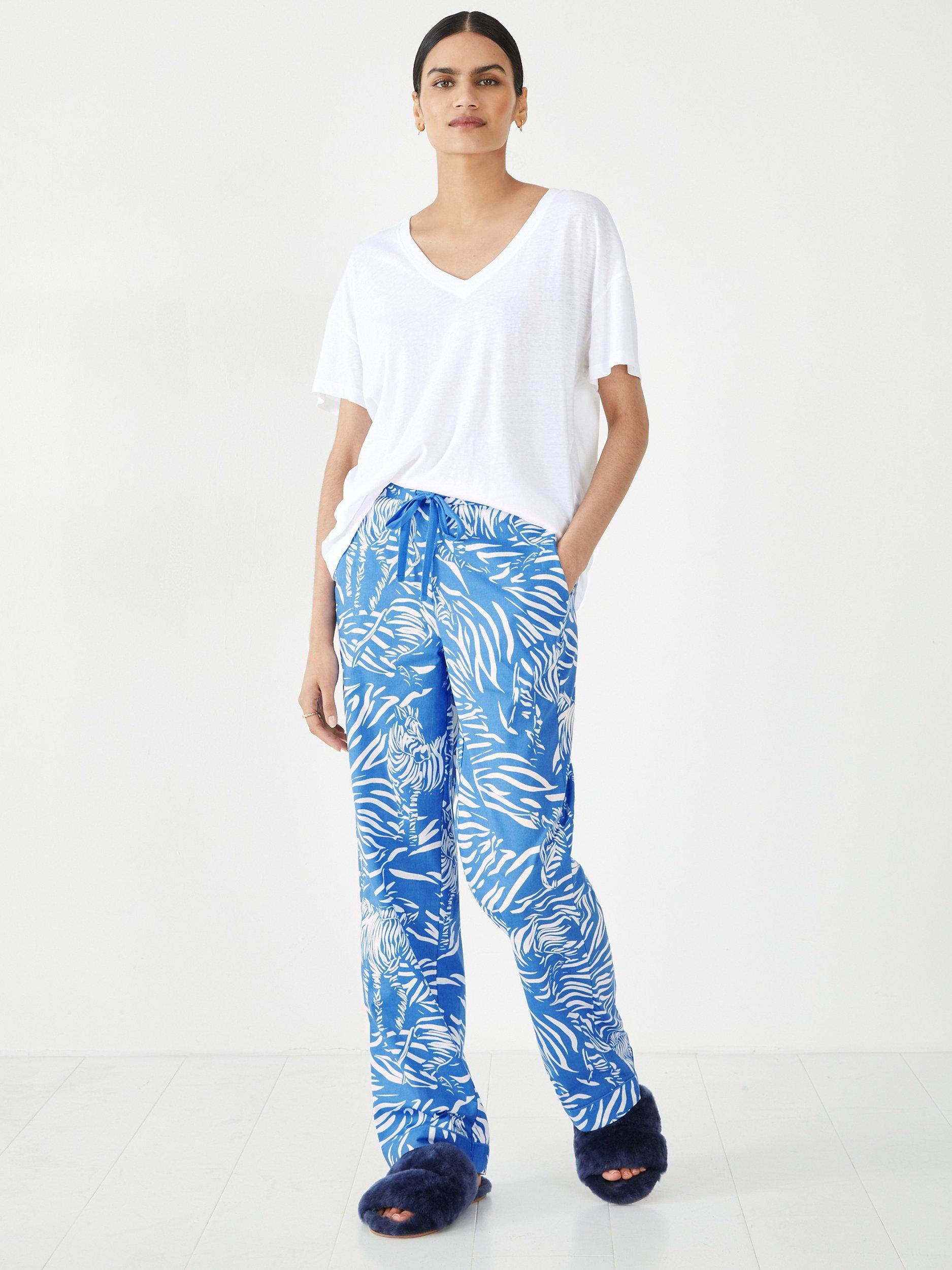 HUSH Isla Zebra Print Cotton Pyjama Bottoms, Blue/Ecru