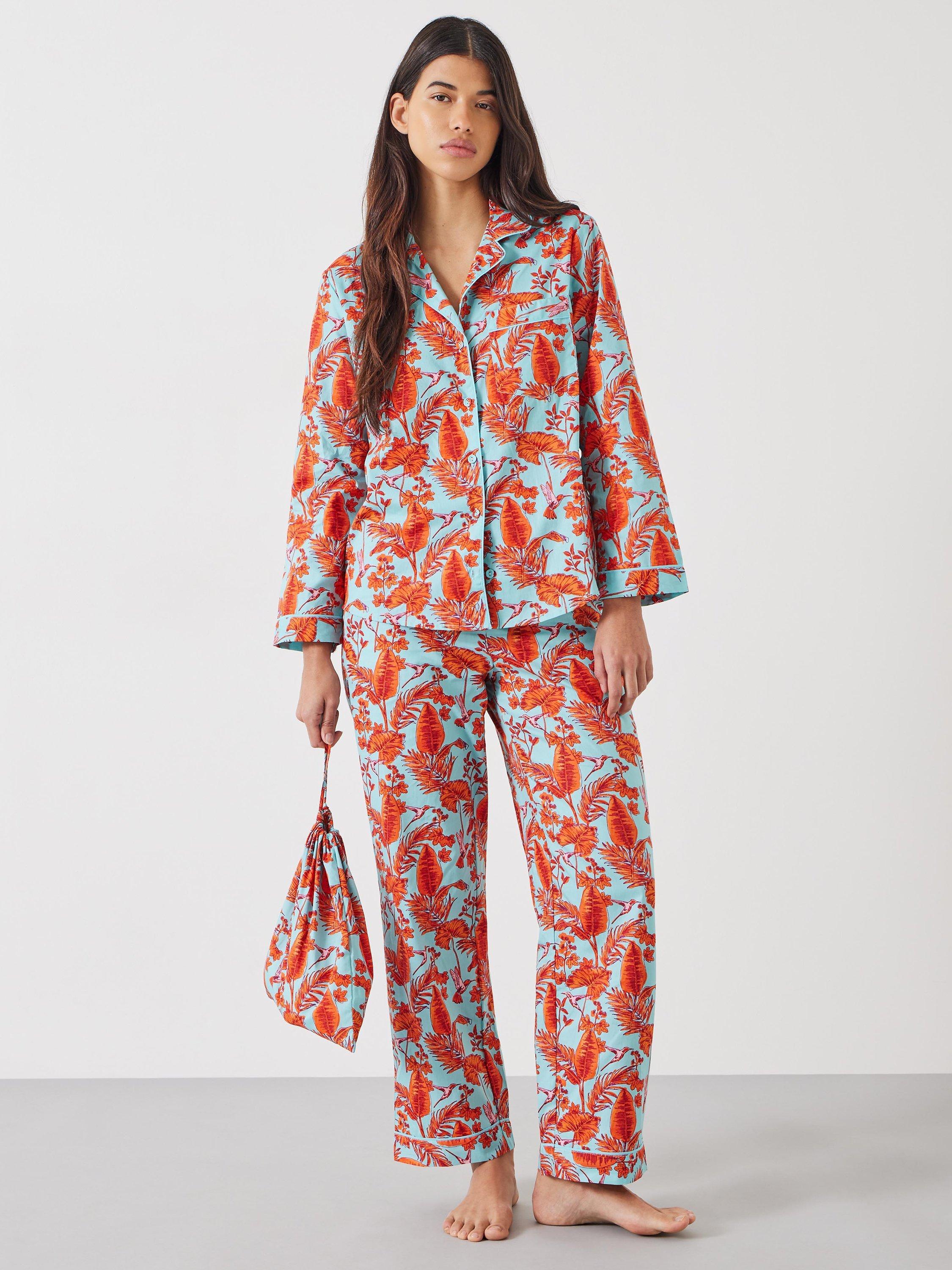 Product image 6 of 6, which shows HUSH Isla Hummingbird Print Cotton Pyjamas, Aqua/Orange, XXS