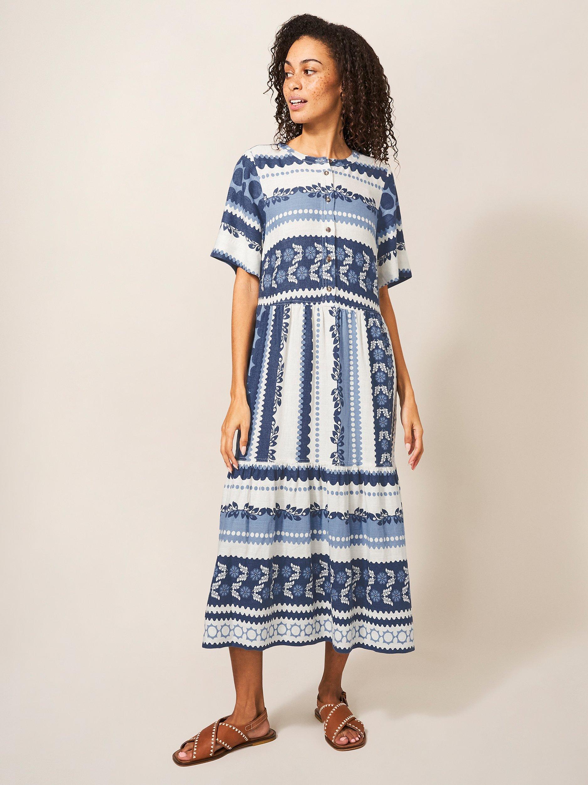 White Stuff Pip Linear Floral Print Tiered Midi Dress, Blue/Multi
