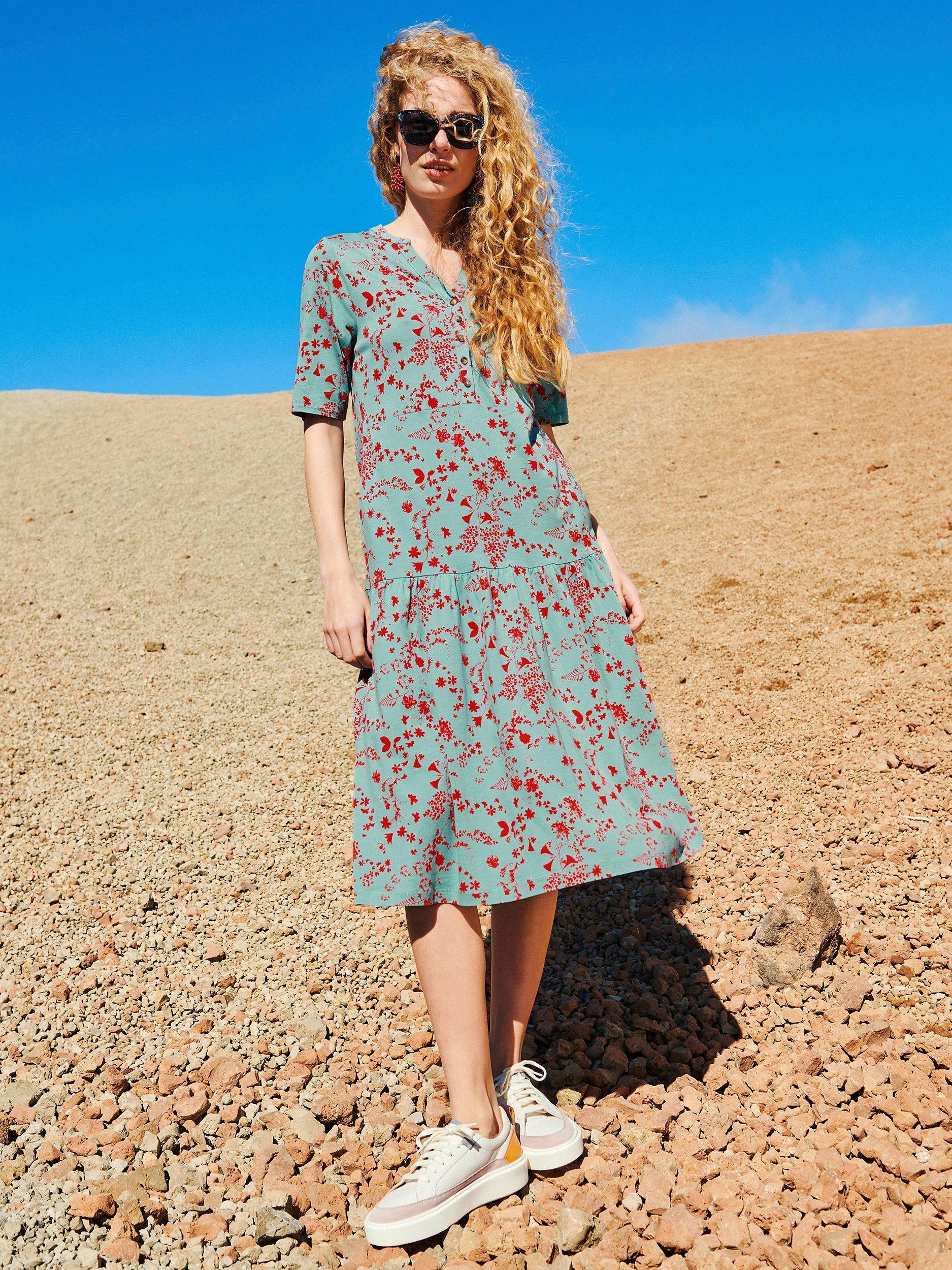 White Stuff Sabina Jersey Midi Dress, Teal/Red