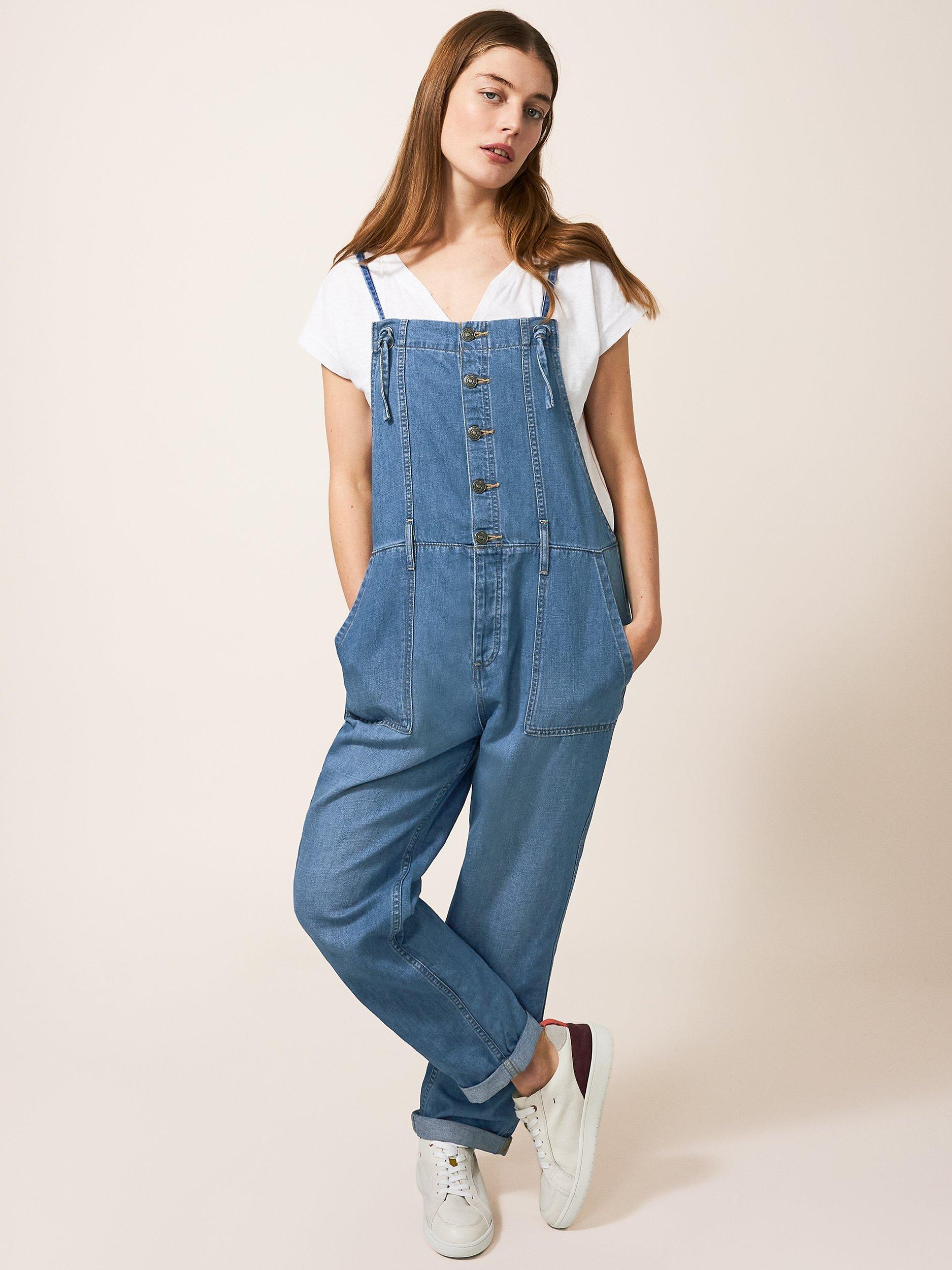 White Stuff Strappy Denim-Linen Blend Dungarees, Light Blue