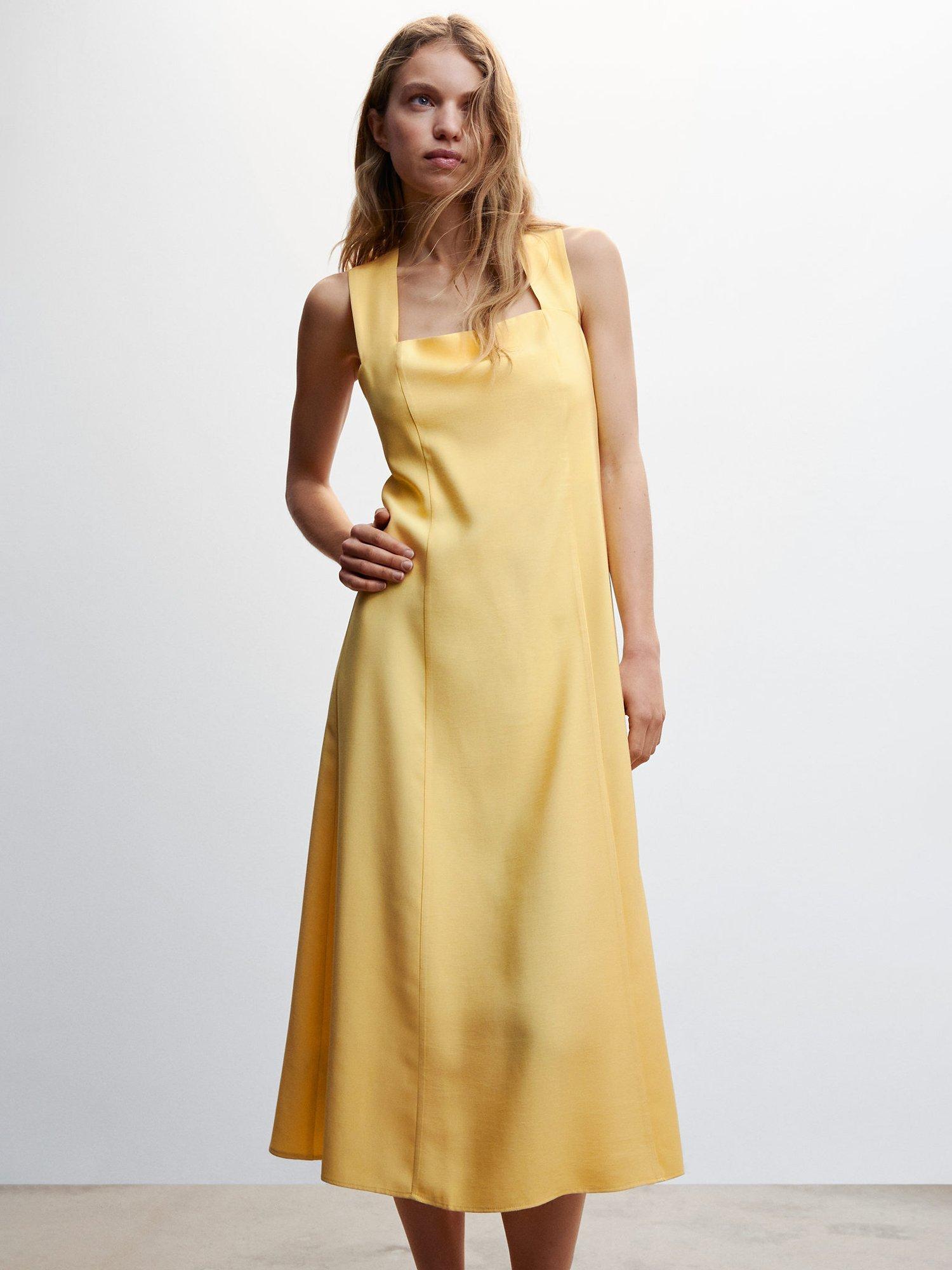Mango Square Neck Midi Dress, Yellow