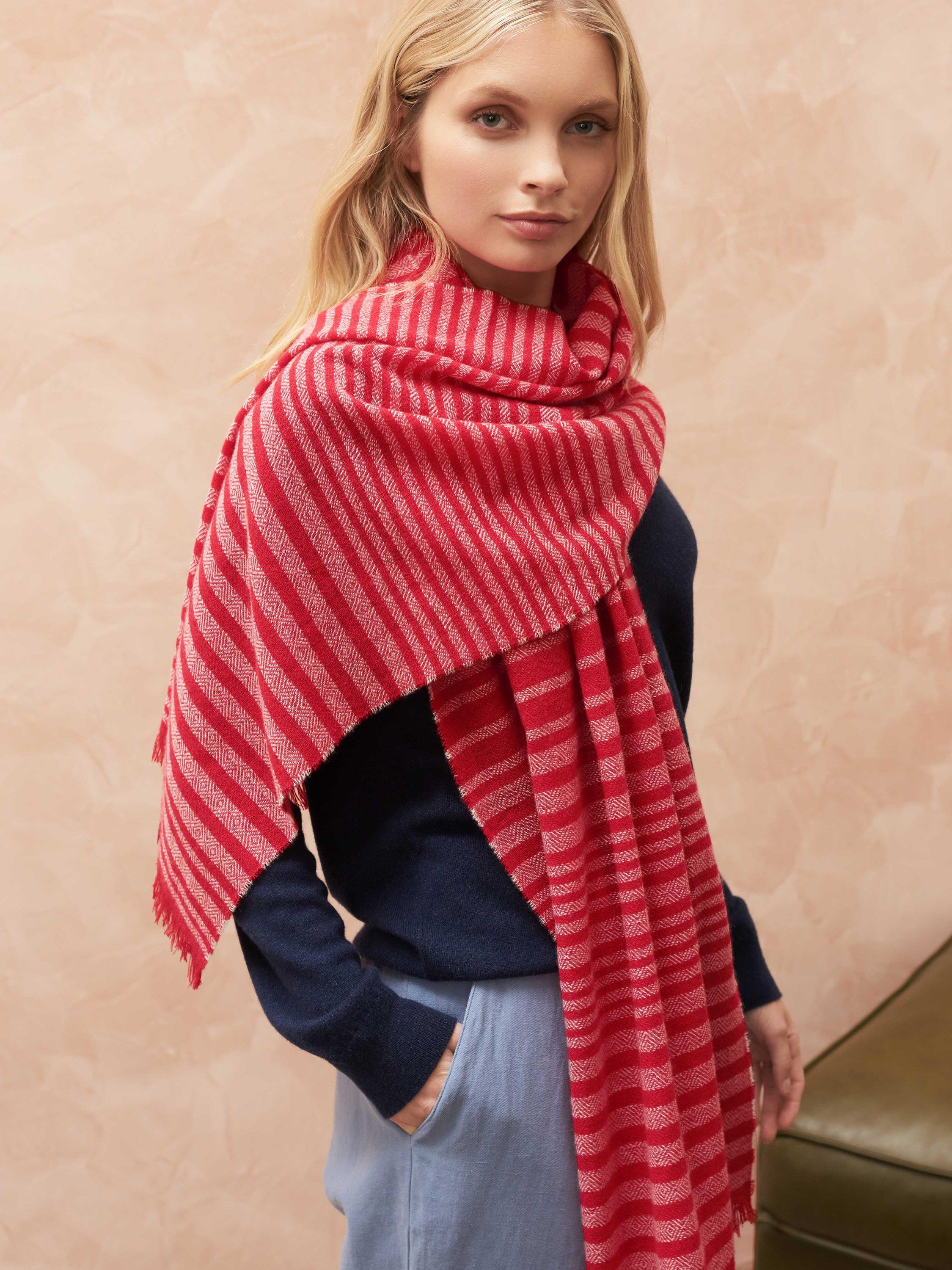 Brora Cashmere Stripe Chartouche Scarf, Crimson/White, One Size