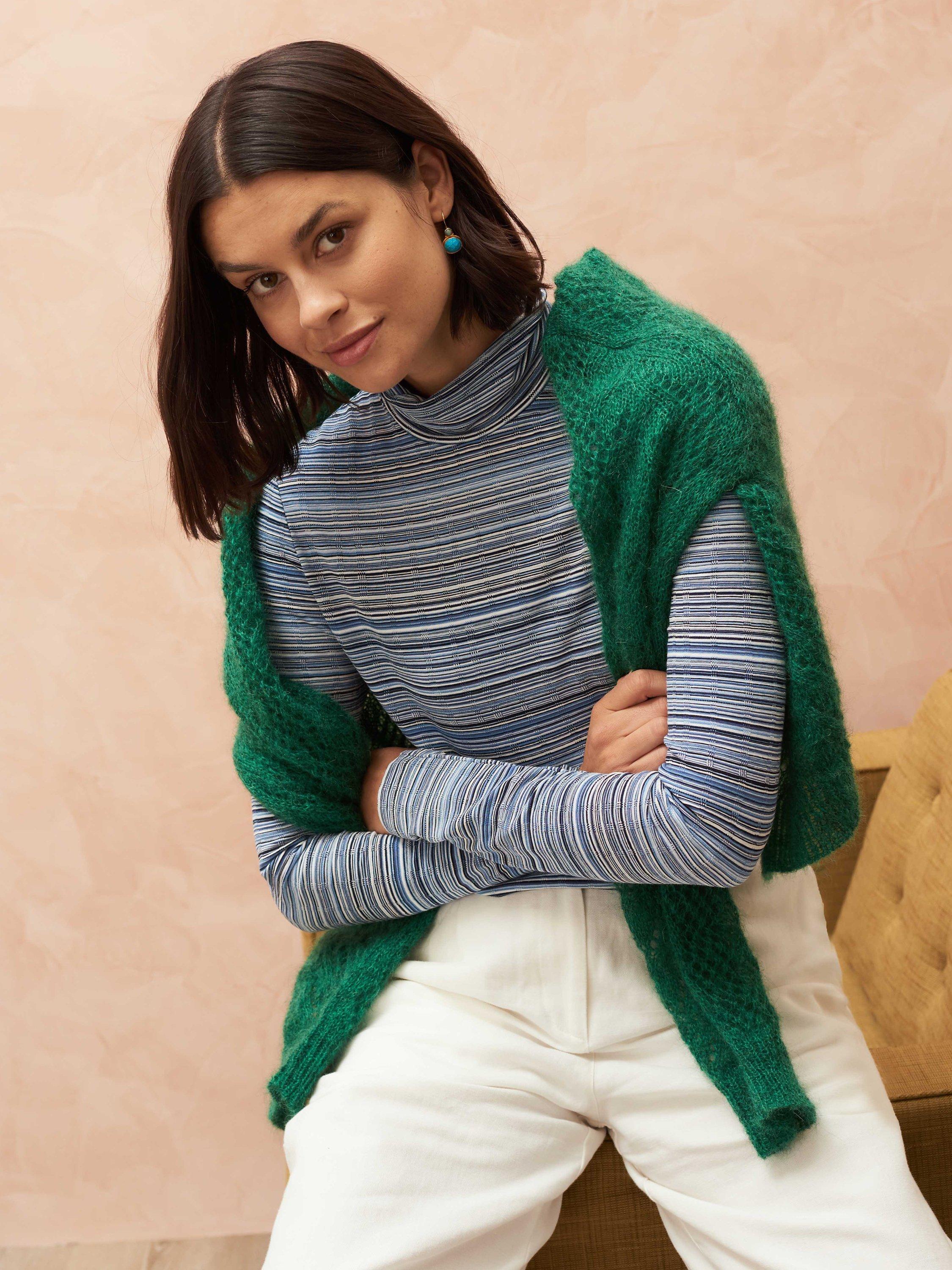 Brora Fine Stripe Jersey Polo Neck Top, Lapis/Aqua