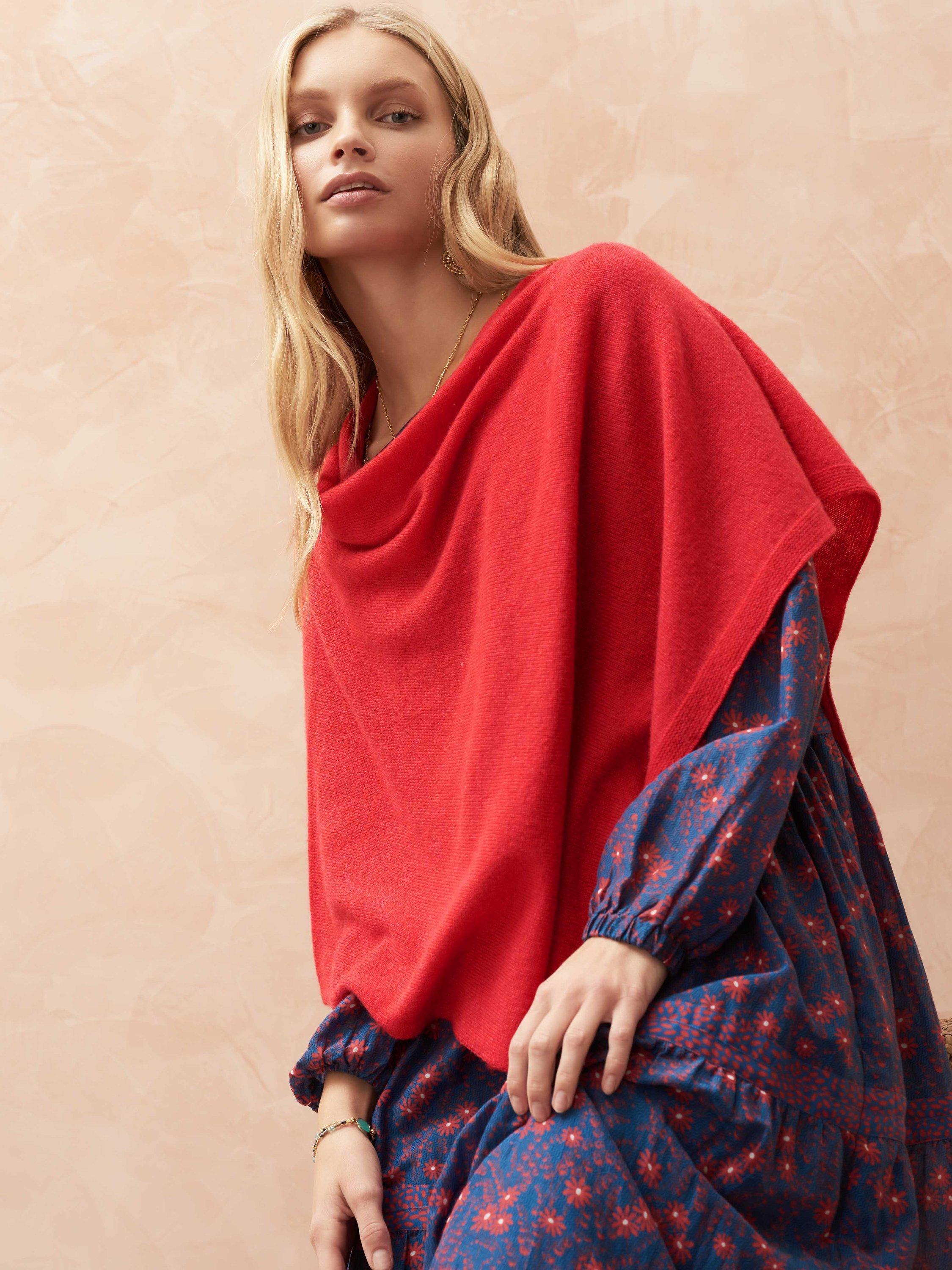 Brora Cashmere Gauzy Knit Poncho, Cherry, One Size