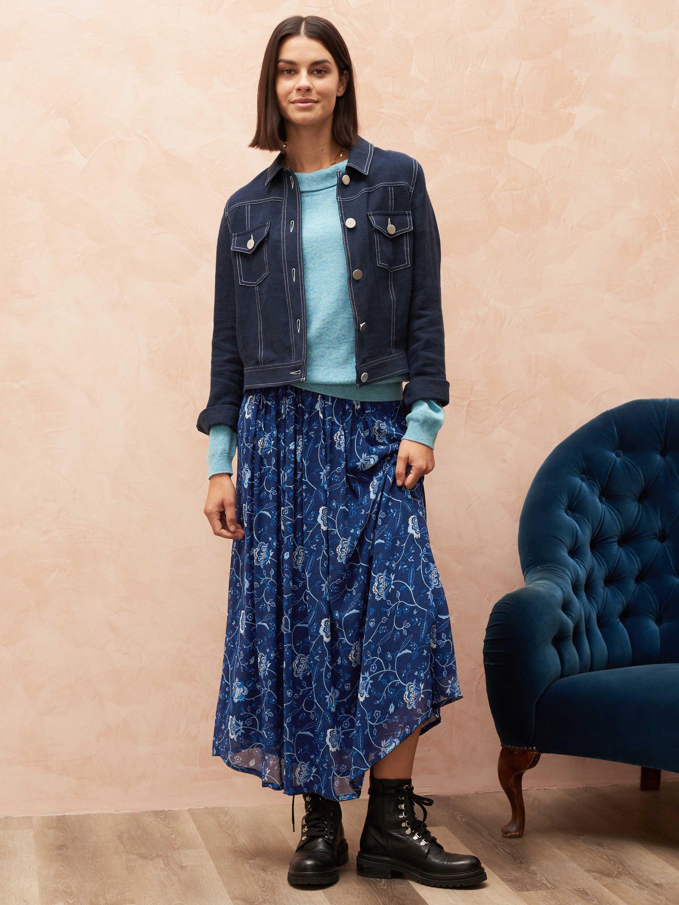 Brora Silk Tree Of Life Print Pleated Skirt, Cobalt