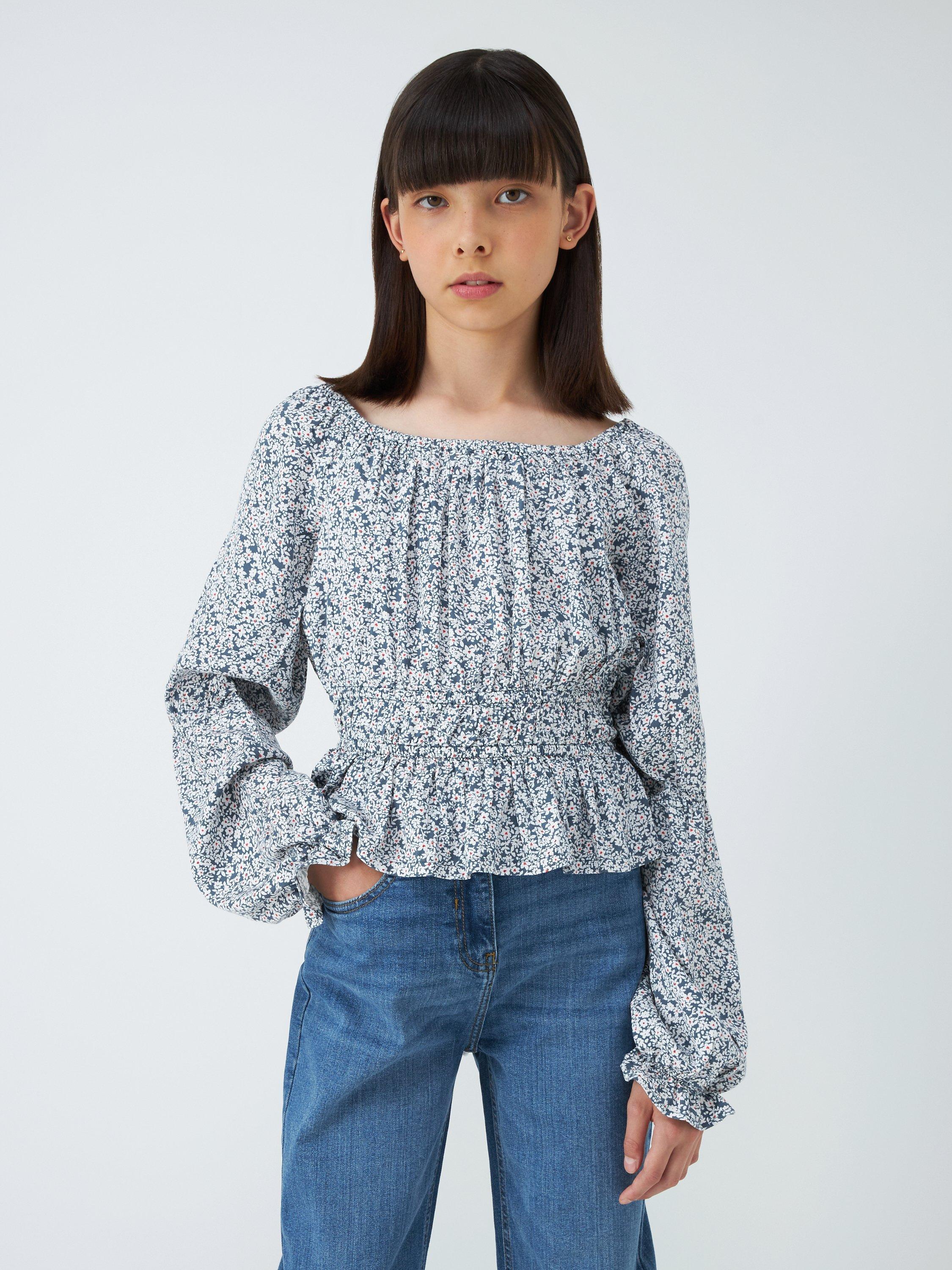 John Lewis Kids' Floral Shirred Detail Top, Vintage Indigo