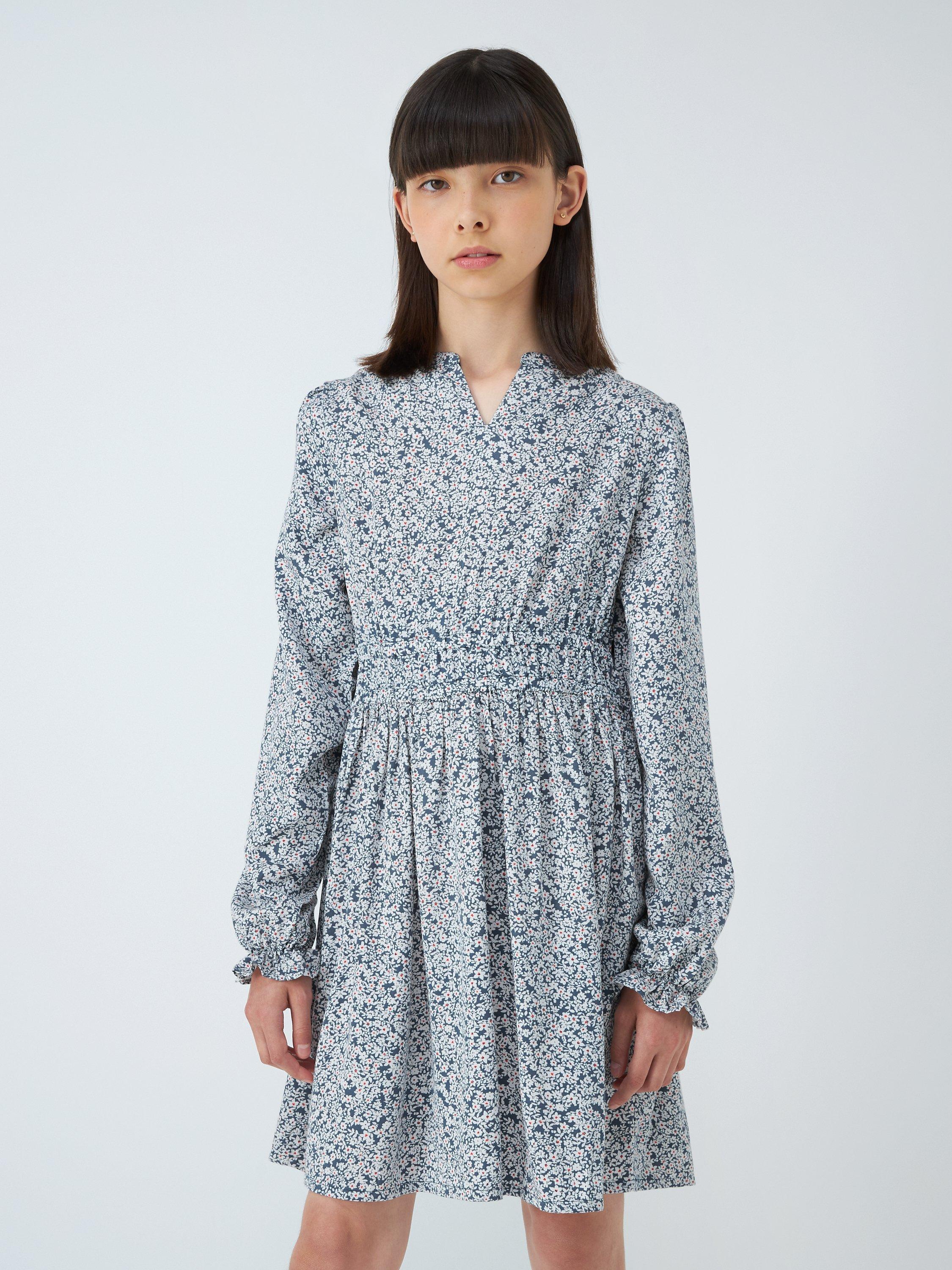John Lewis Kids' Floral Shirred Waist Dress, Vintage Indigo