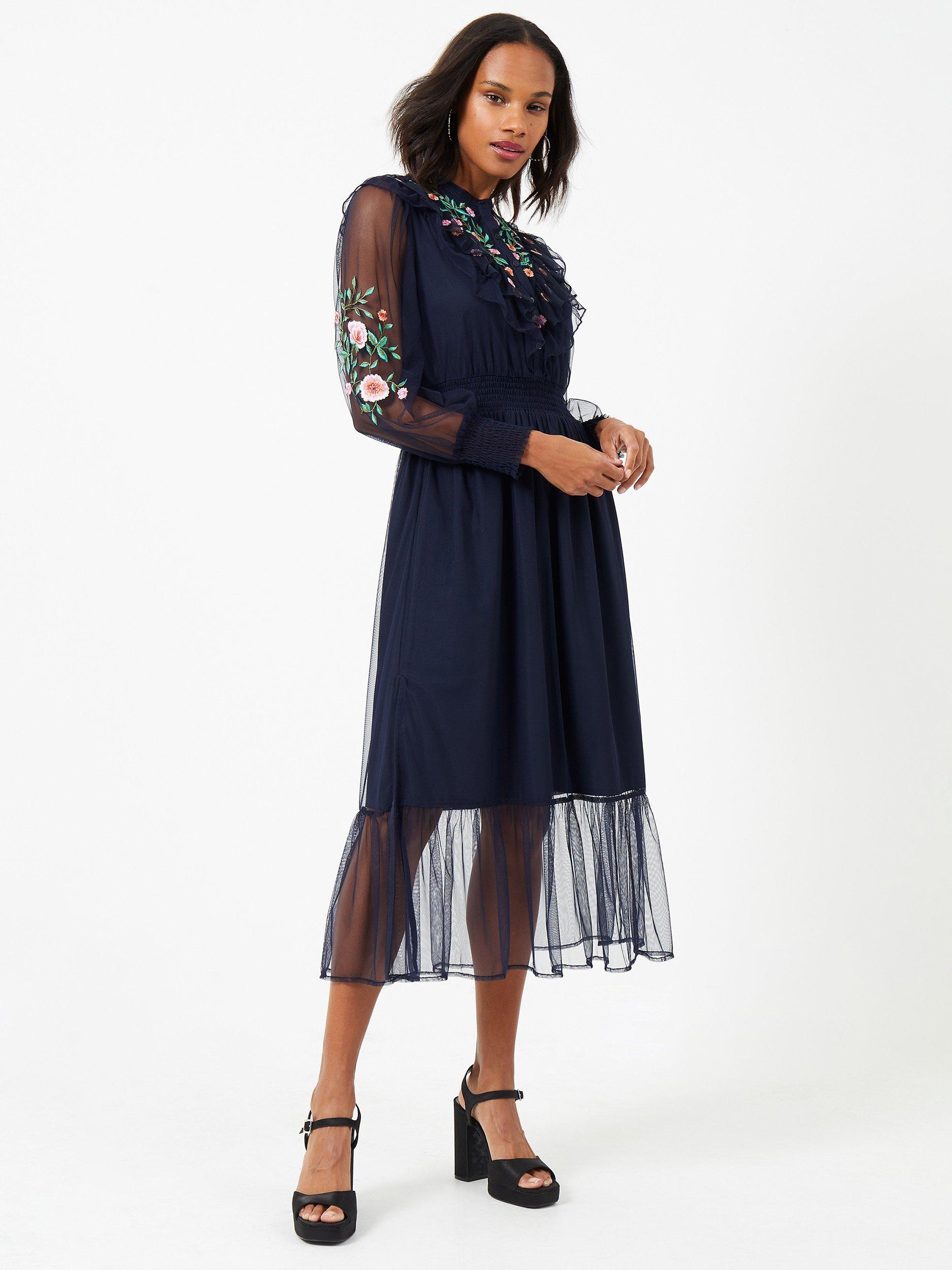 French Connection Abra Embroided Mesh Midi Dress, Marine