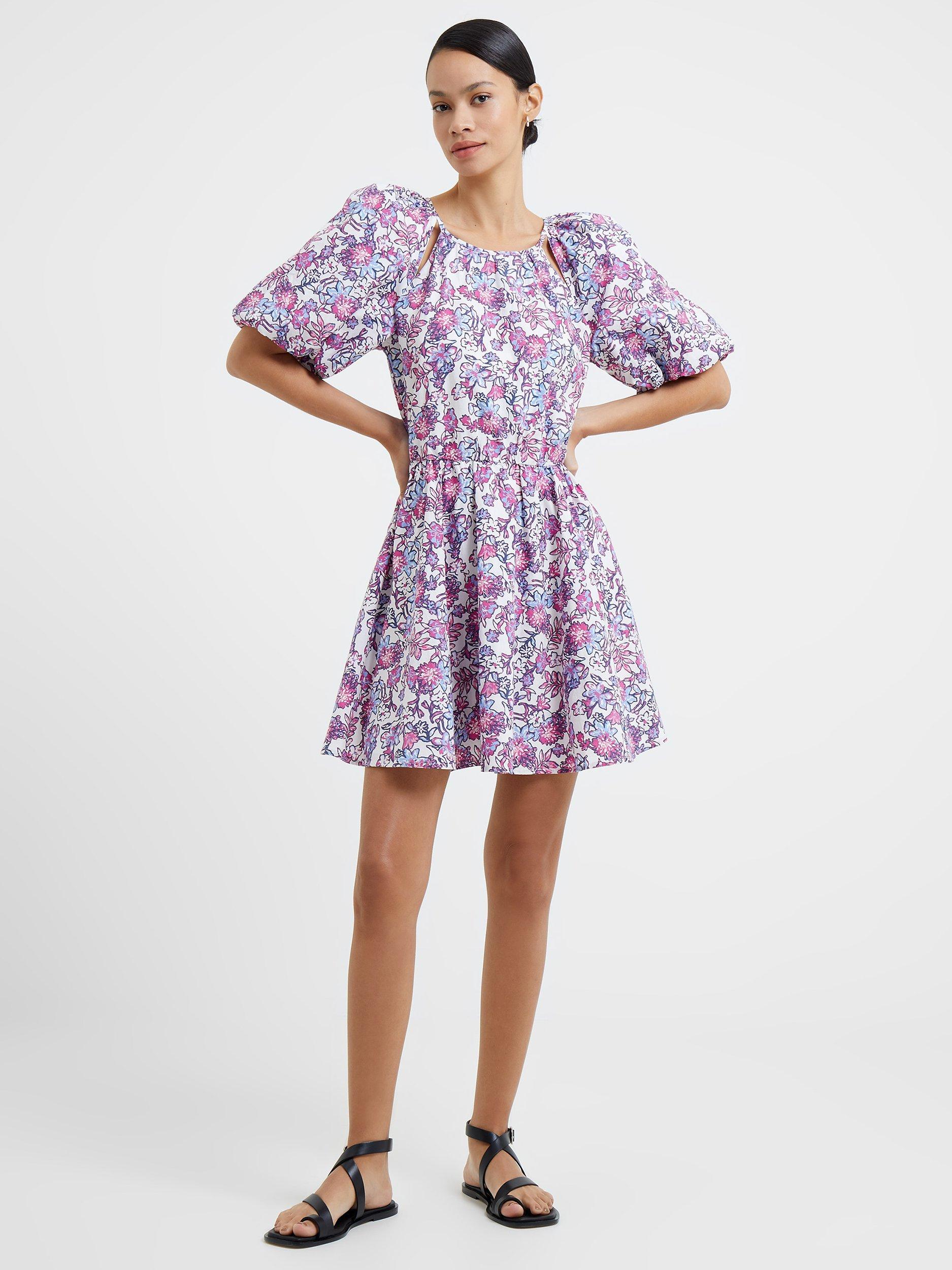 French Connection Fotini Rhodes Floral Print Poplin Puff Sleeve Mini Dress, Summer White/Multi