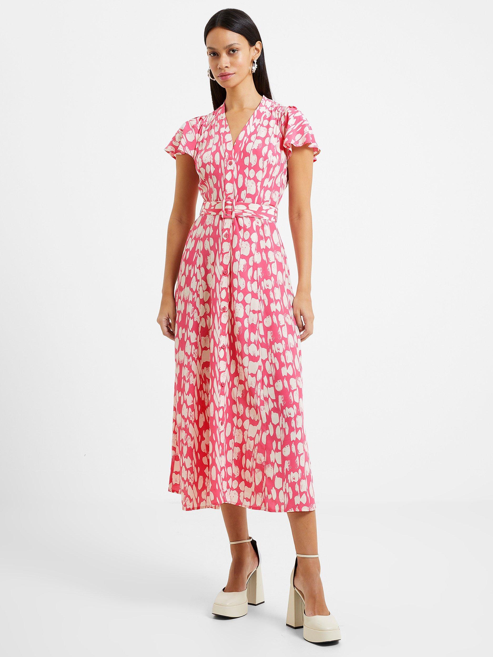 French Connection Islanna Abstract Print Belted Midi Dress, Camellia Rose/Cream 