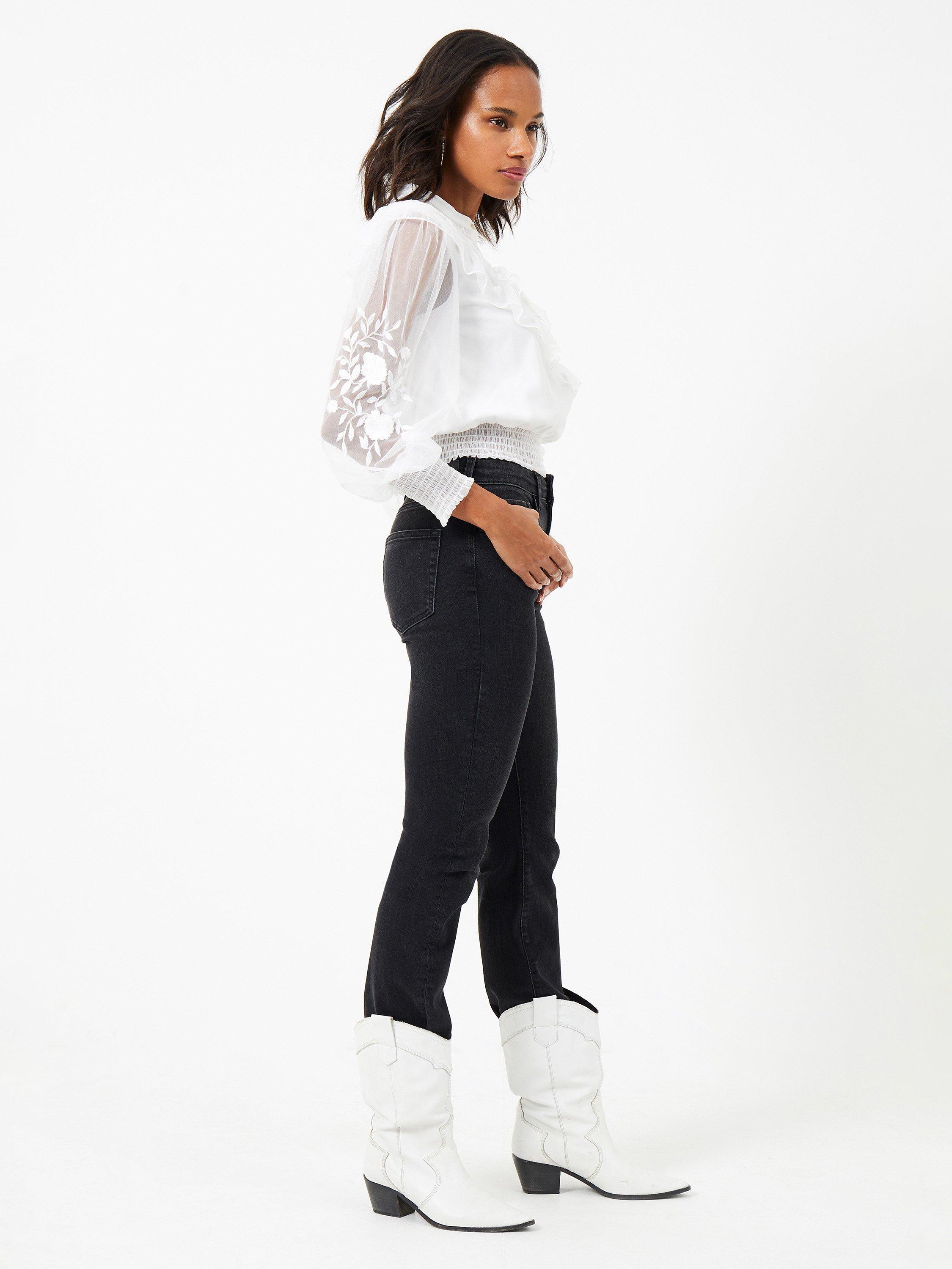 French Connection Abra Embroided Mesh Frill Top, White