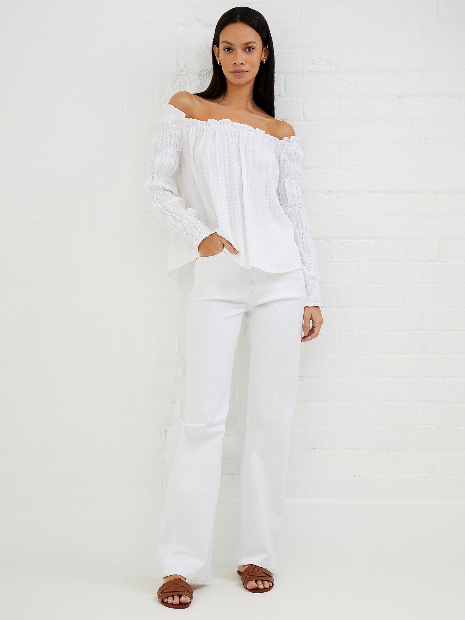 French Connection Birch Smocked Bardot Top, Linen White