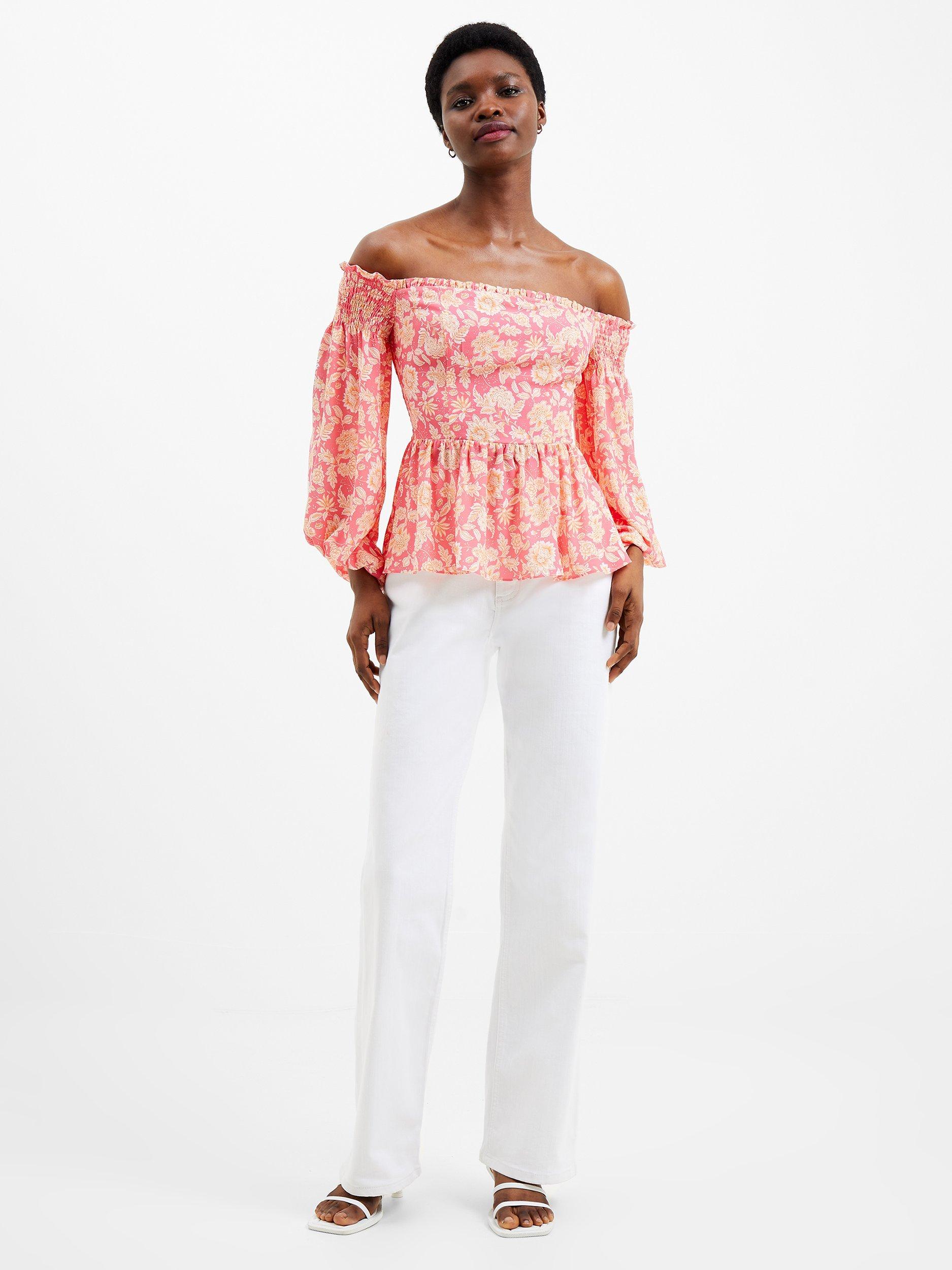 French Connection Cosette Verona Smocked Bardot Peplum Top, Pink/Multi