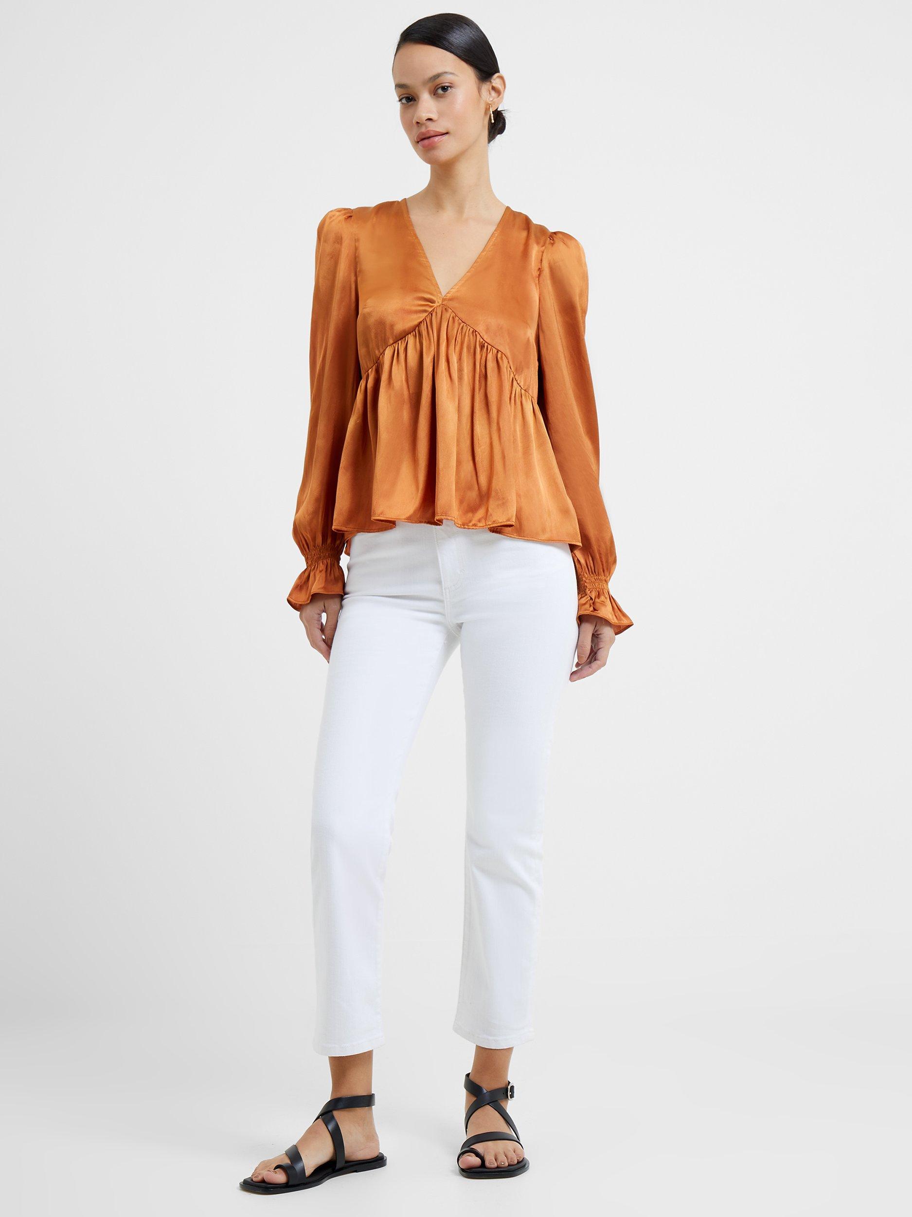 French Connection Inu Satin Long Sleeve V Neck Blouse, Honey Bronze