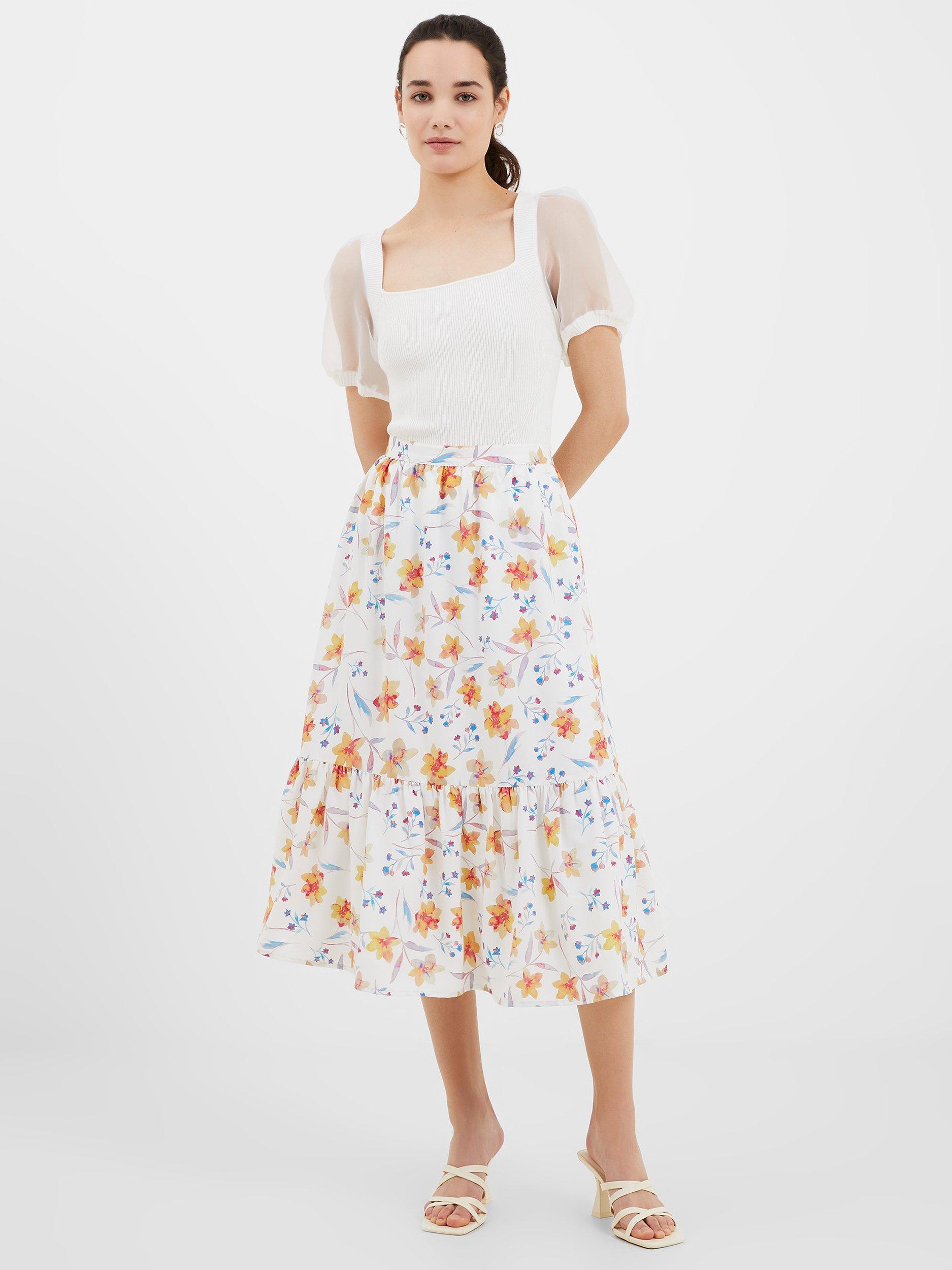 French Connection Camille Draped Tiered Midi Skirt, White