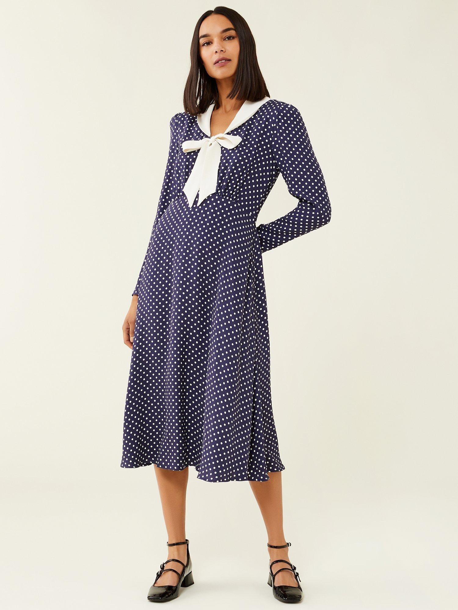 Product image 2 of 4, which shows Finery Berta Polka Dot Midi Dress, Navy/White, 12