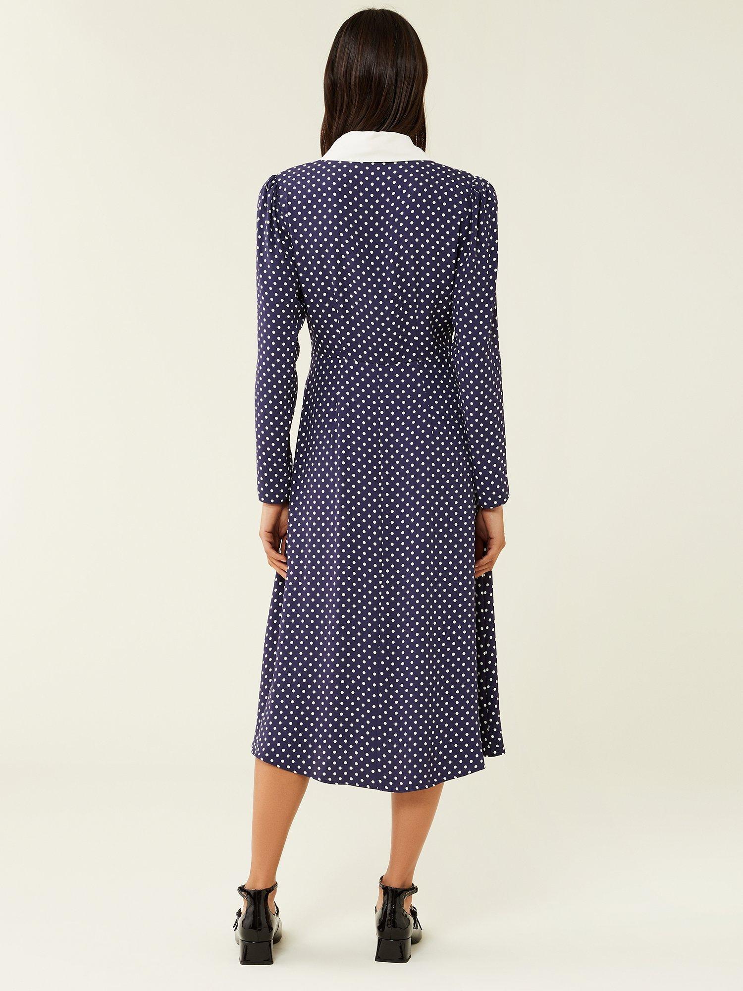 Product image 4 of 4, which shows Finery Berta Polka Dot Midi Dress, Navy/White, 12