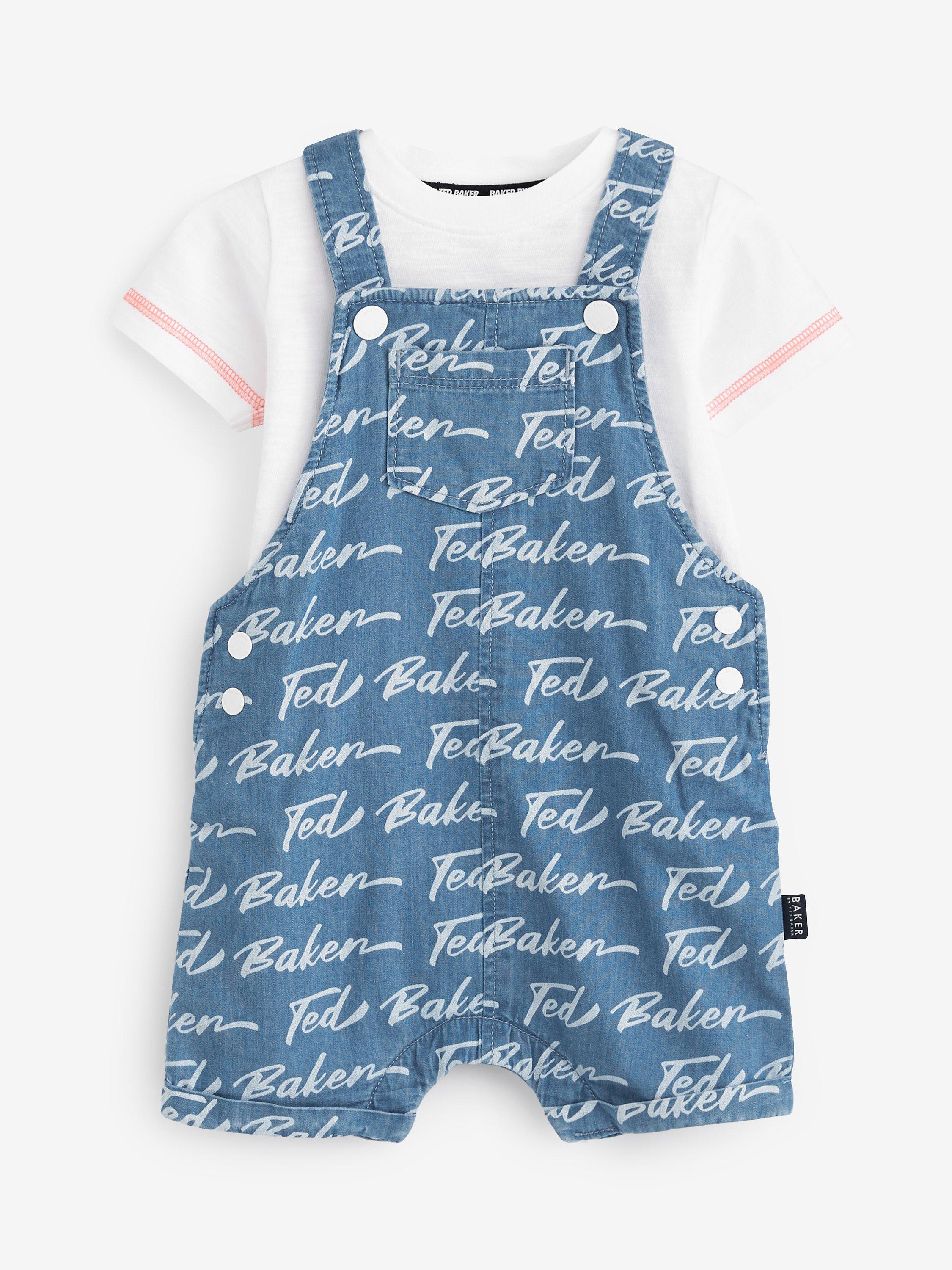 Ted Baker Baby Abner Logo Print Chambray Dunagrees & Bodysuit Set, Blue/Multi