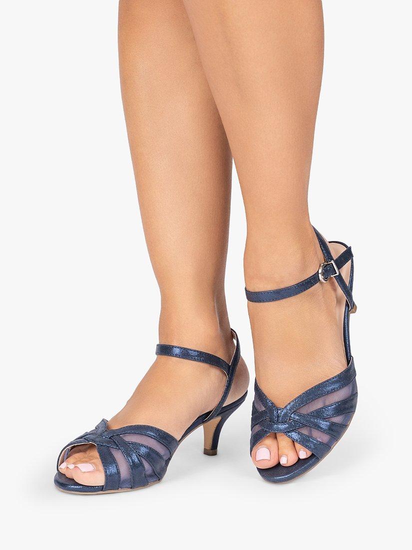 Product image 2 of 5, which shows Paradox London Theresa Wide Fit Shimmer Kitten Heeled Sandals, Navy, 3W