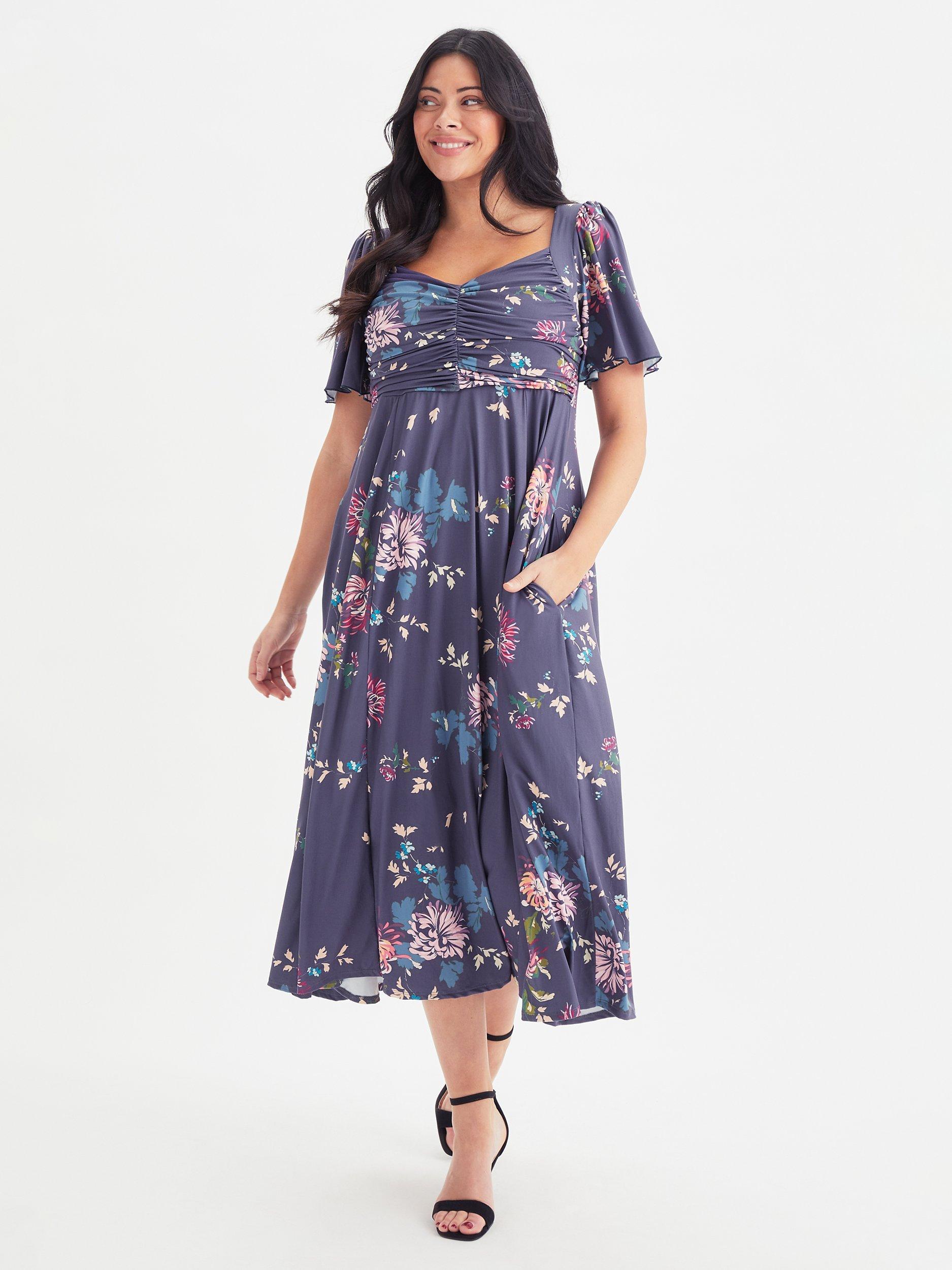 Product image 1 of 4, which shows Scarlett & Jo Ruched Bodice Floral Dress, Blue, 12