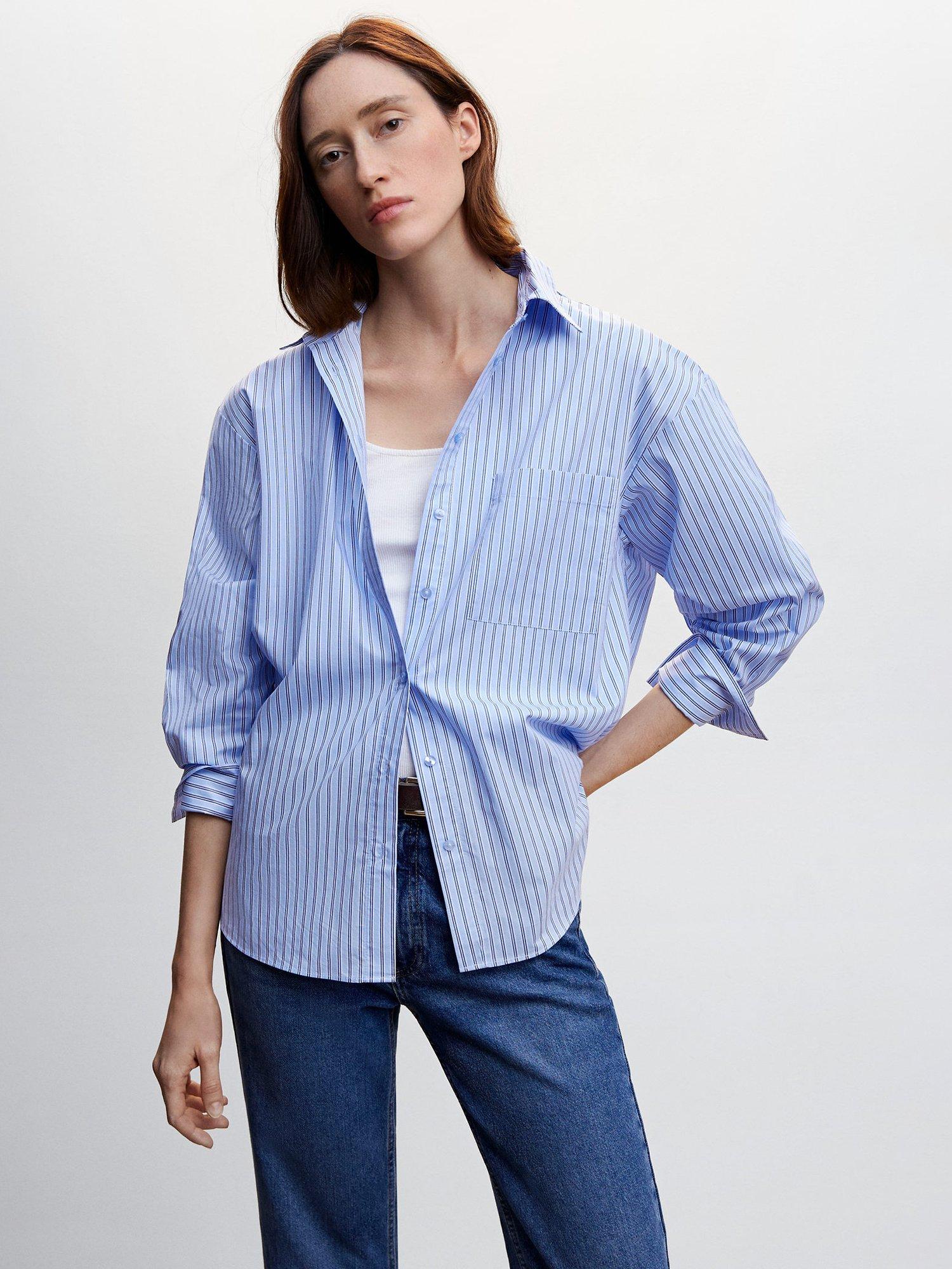 Mango Oversized Stripe Cotton Shirt, Light Blue