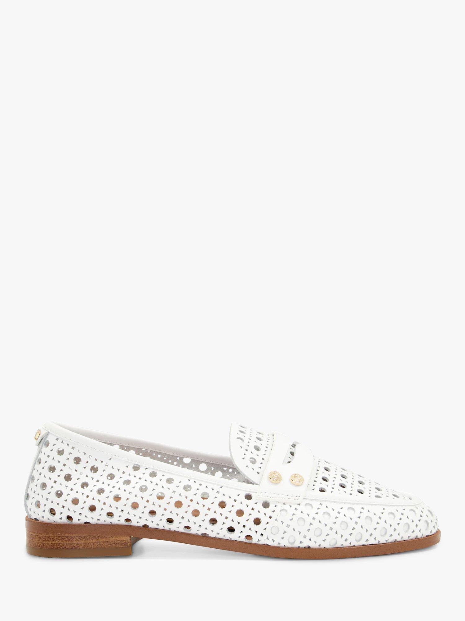 Dune Glimmered Leather Laser-Cut-Detail Penny Loafers, White-leather