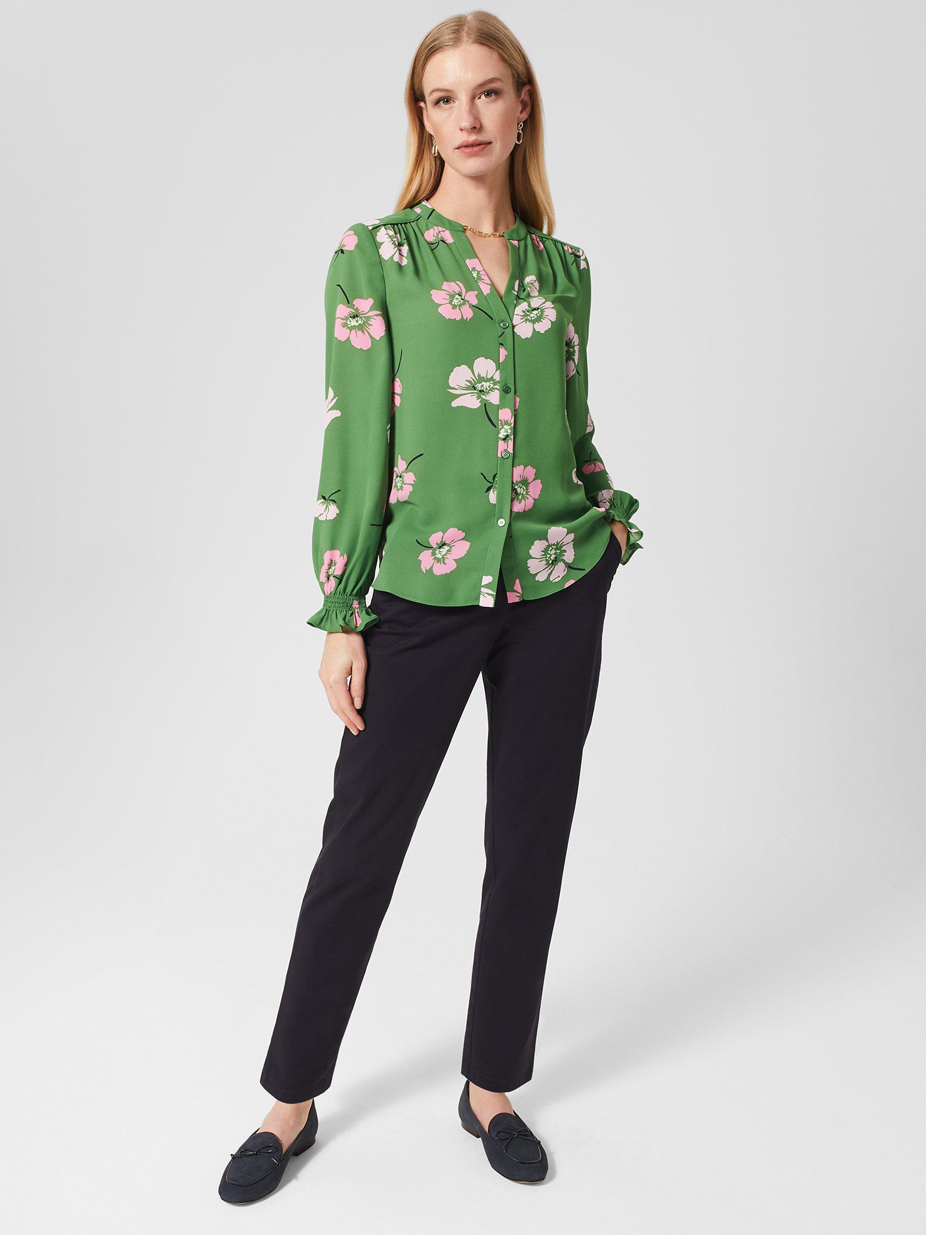 Hobbs Sutton Floral Print Blouse, Pea Green/Multi