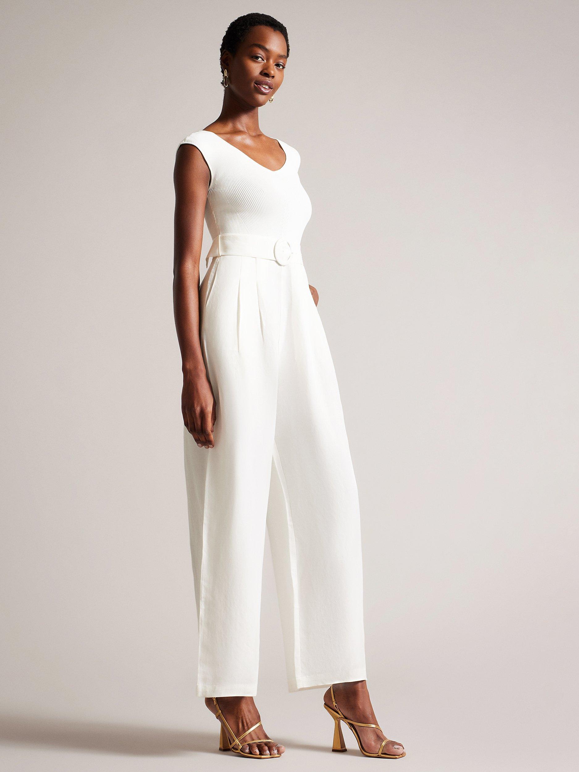 Ted Baker Tabbiaa Off The Shoulder Linen Blend Wide Leg Jumpsuit, White