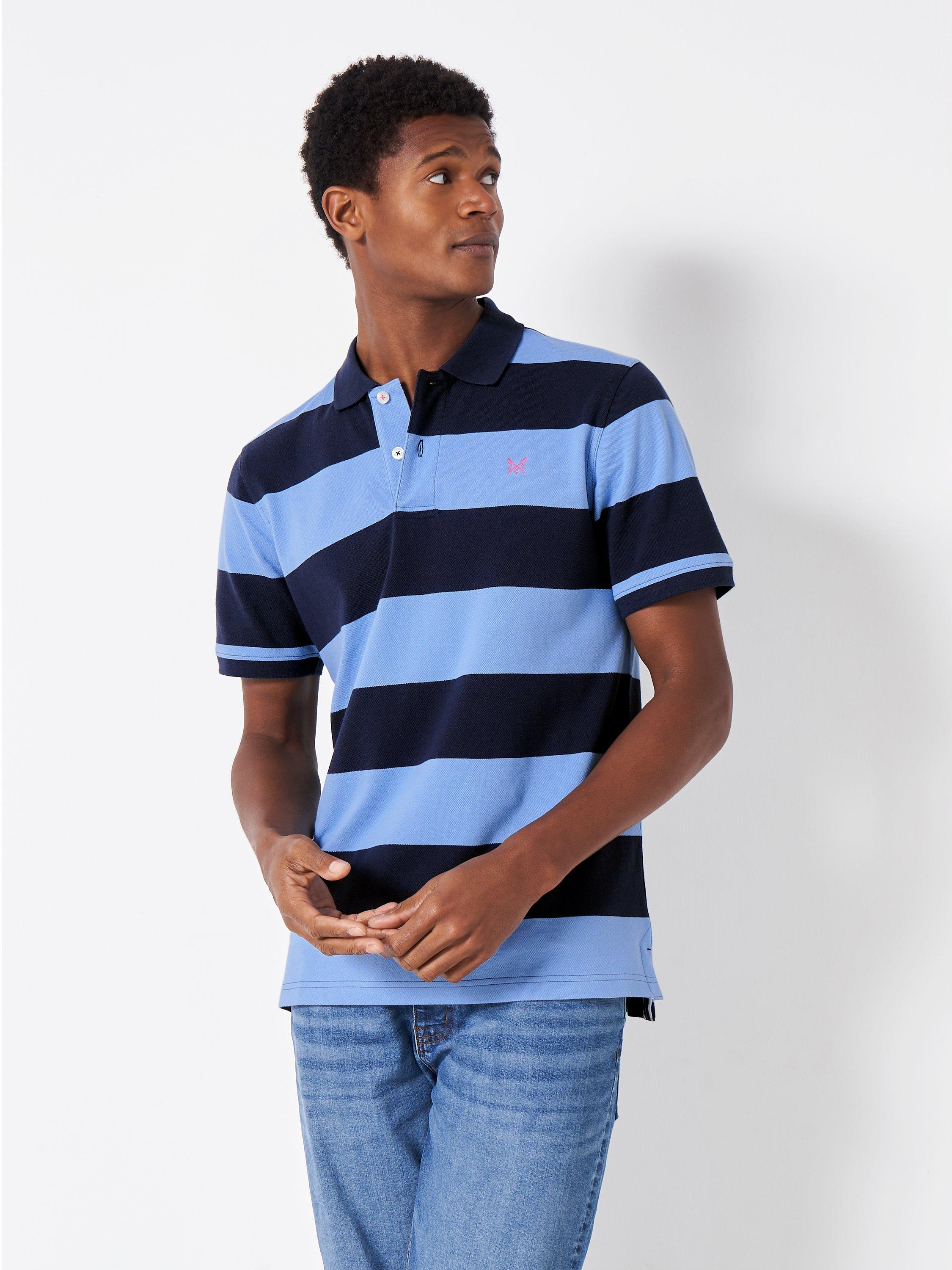 Crew Clothing Heritage Stripe Short Sleeve Polo Top, Light Blue/Navy, XS