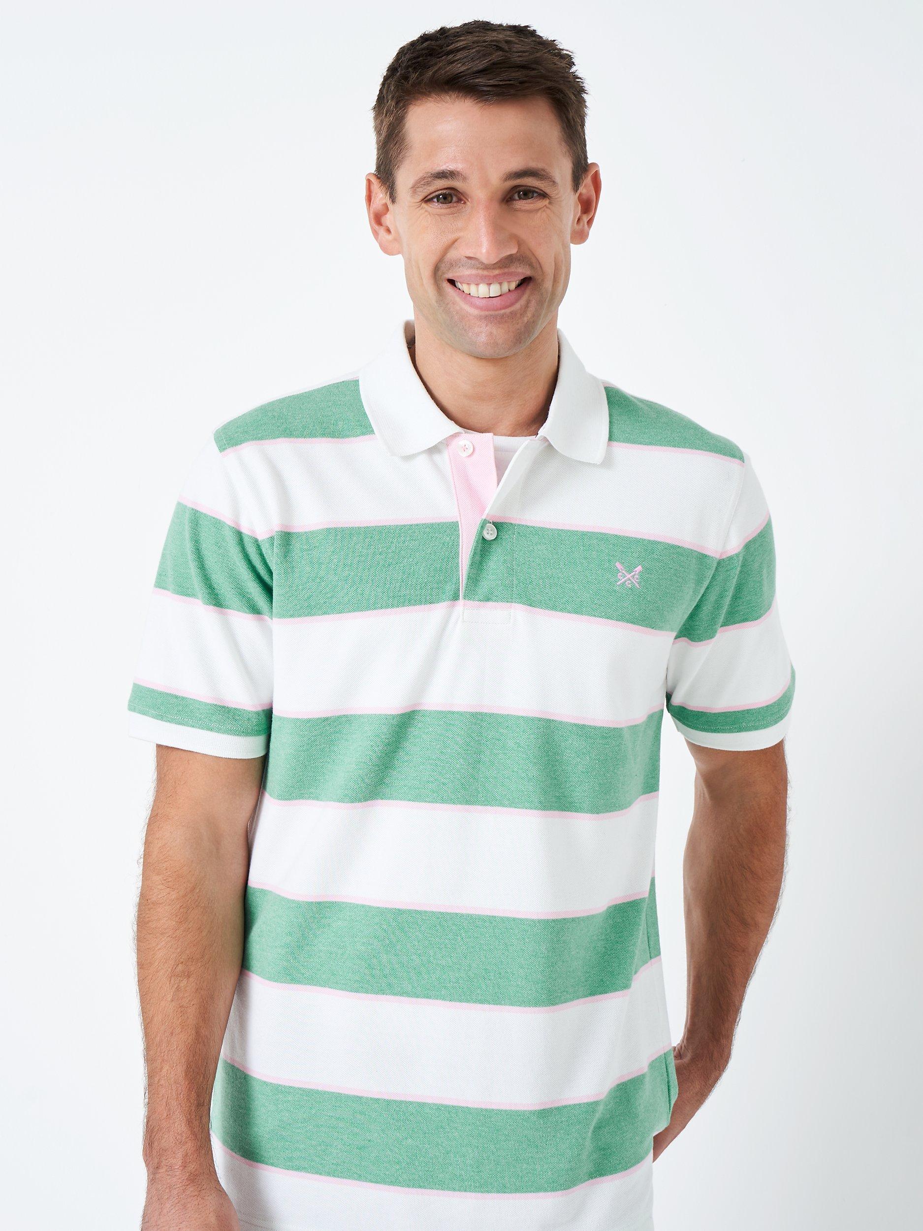 Crew Clothing Heritage Stripe Short Sleeve Polo Top, Green/Pink/White, S