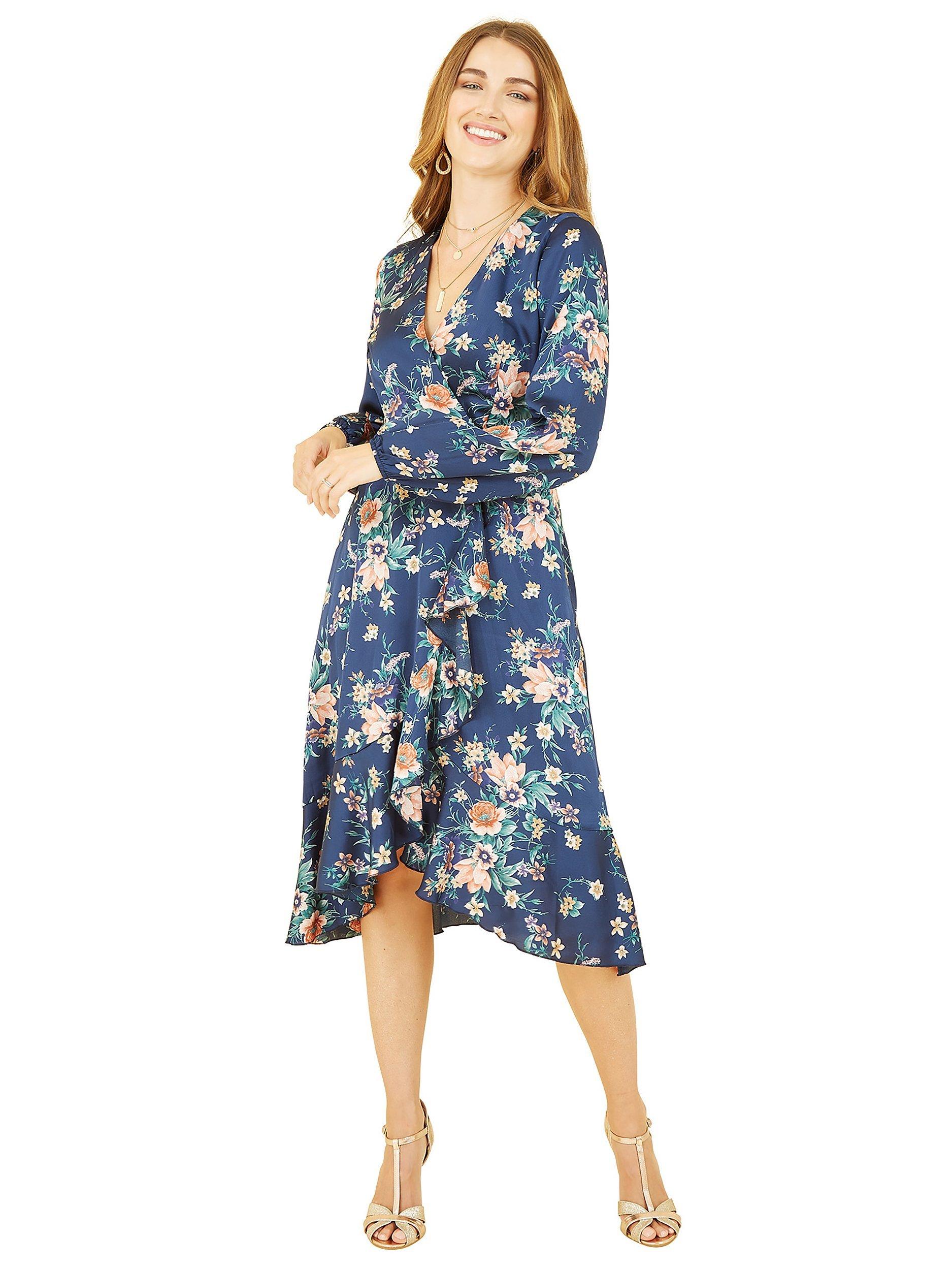 Product image 1 of 4, which shows Mela London Floral Print Satin Wrap Midi Dress, Navy, 8